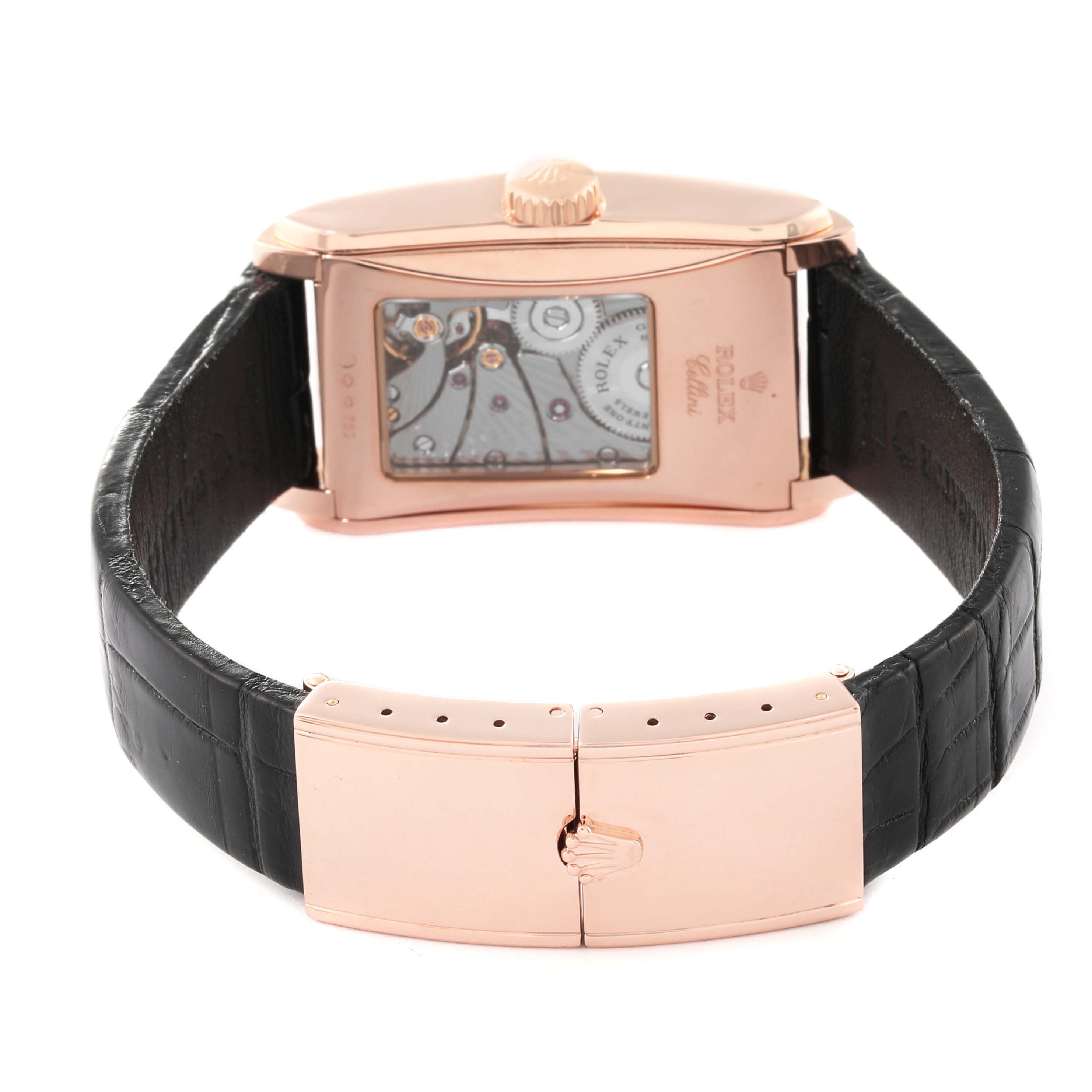 The image shows the back view of the Rolex Cellini 5442/5 Men's Rose Gold Black Dial 5442/5 Men's Rose Gold Black Dial watch, highlighting its mechanical movement and black leather strap.