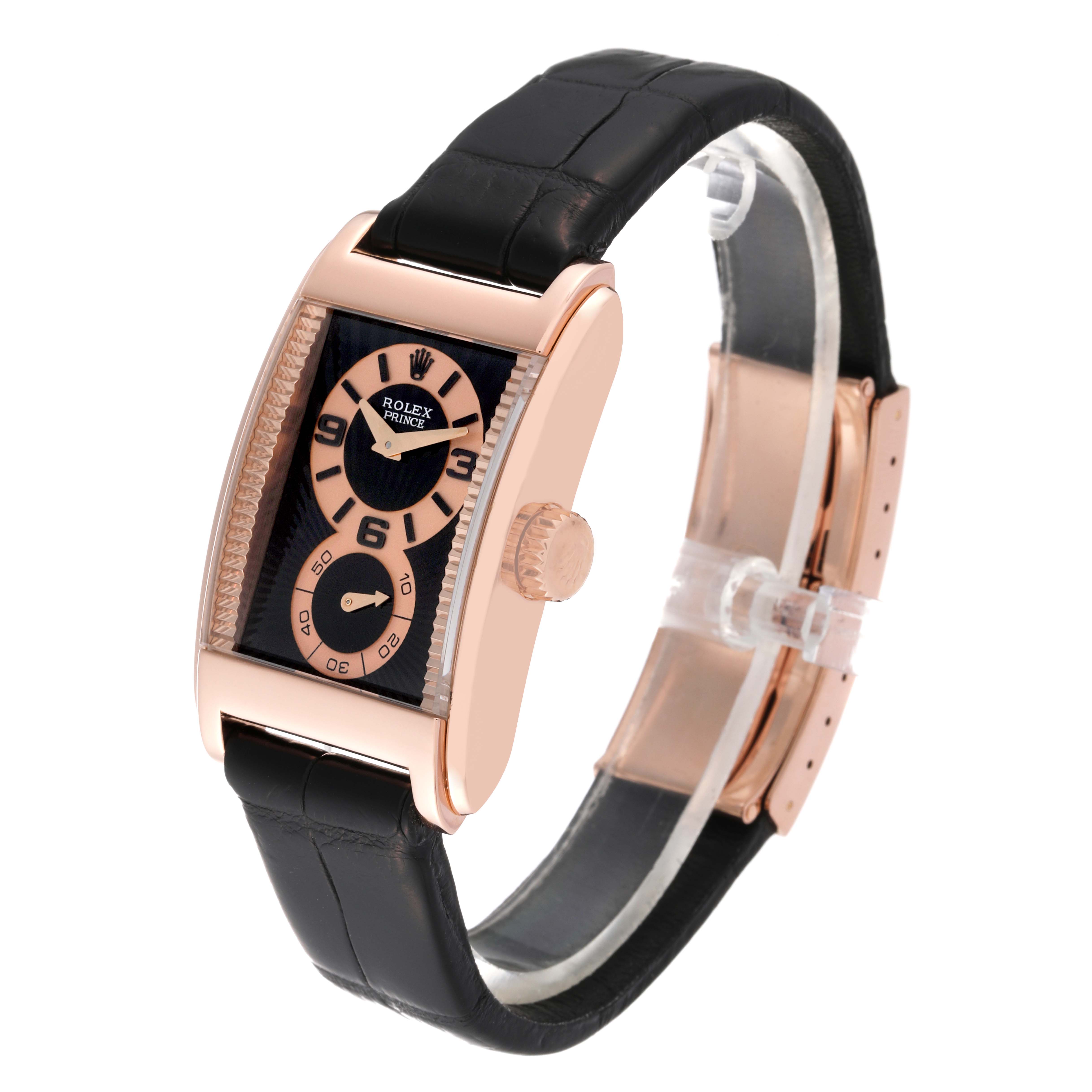 This image shows a side and front angle of the Rolex Cellini 5442/5 Men's Rose Gold Black Dial 5442/5 Men's Rose Gold Black Dial watch, featuring its face, crown, strap, and buckle.