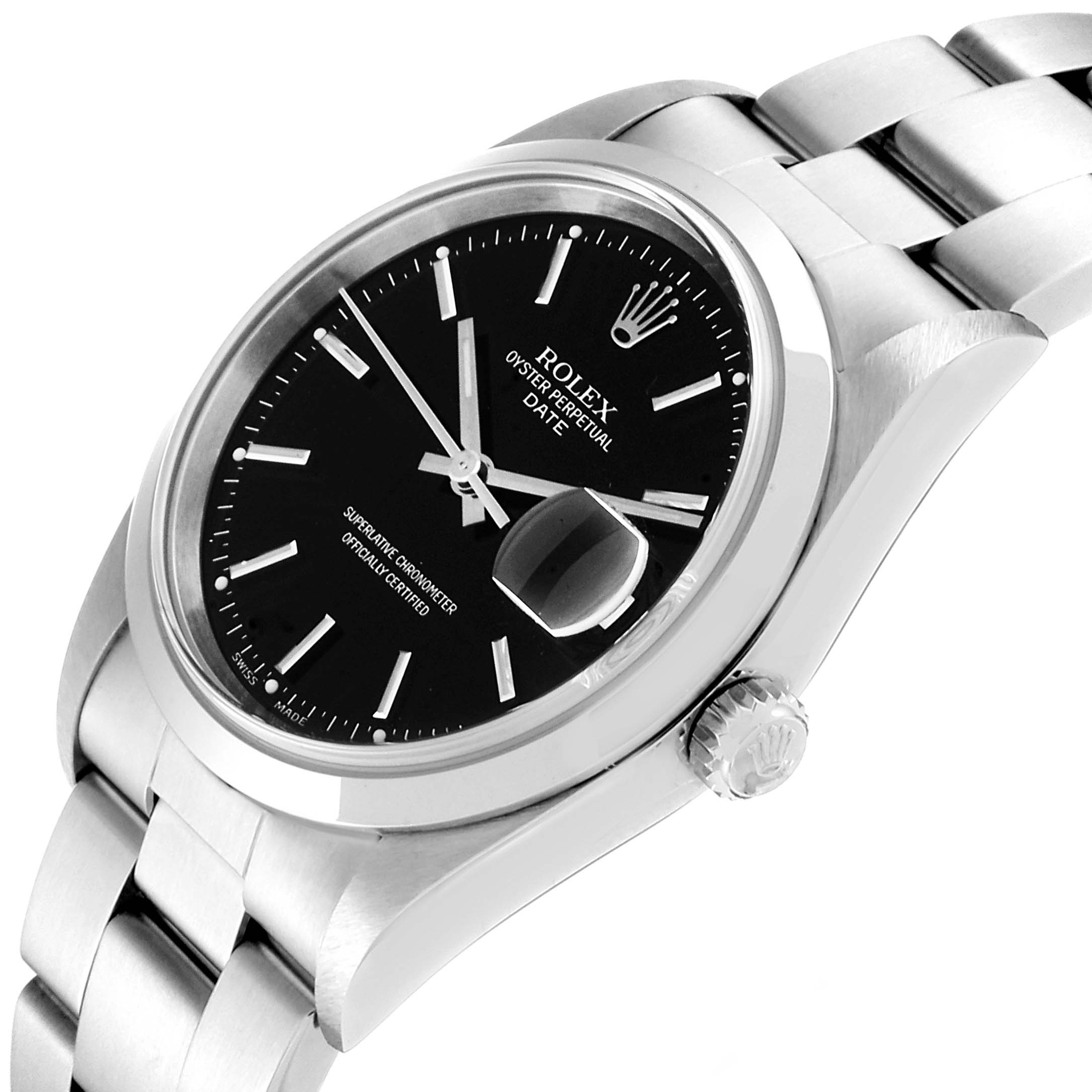 The image shows a side angle of a Rolex Date 15200 Men's Stainless Steel Black Dial 15200 Men's Stainless Steel Black Dial model watch, highlighting the dial, bezel, crown, and bracelet.