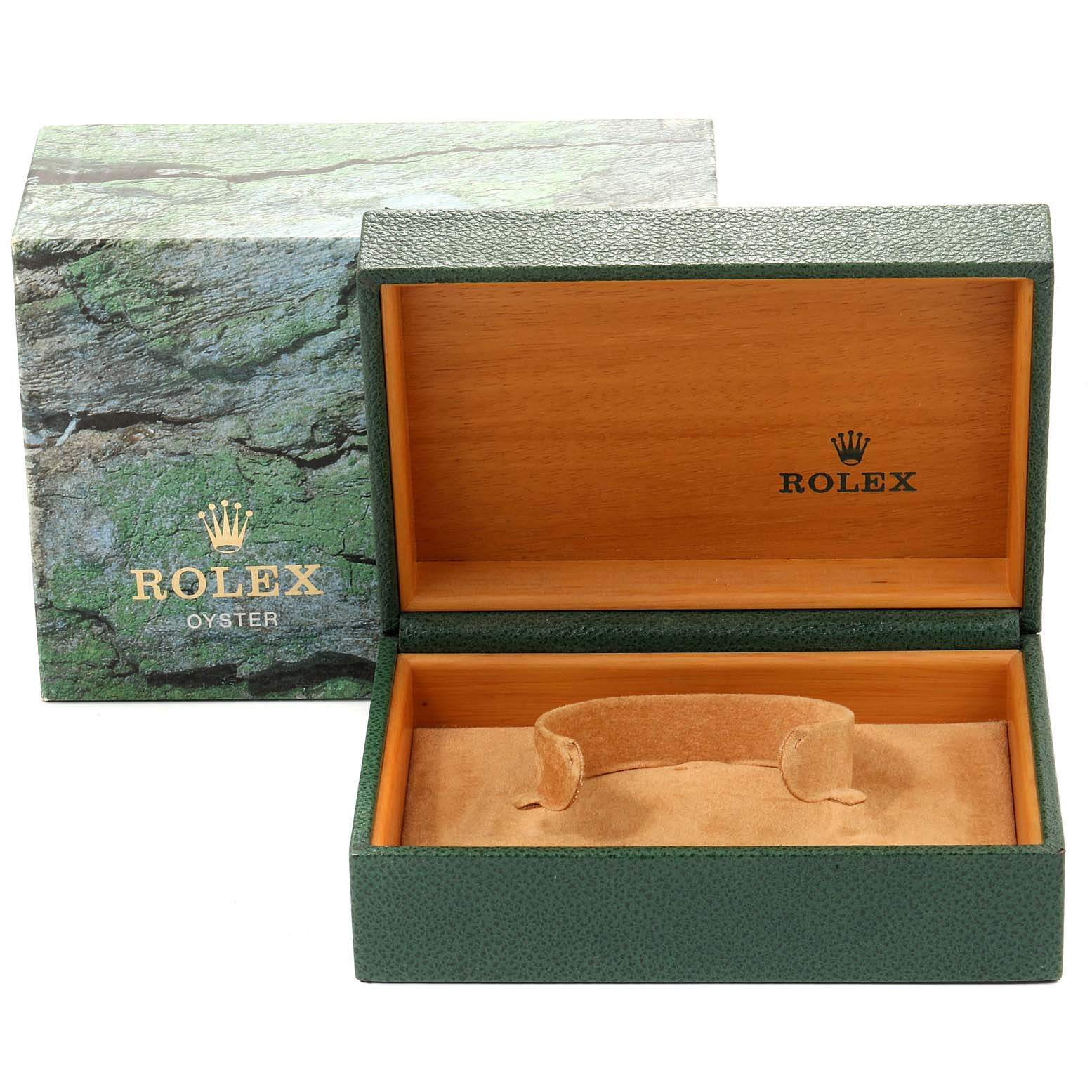 The image shows an open Rolex Date 15200 Men's Stainless Steel Black Dial 15200 Men's Stainless Steel Black Dial model watch box with wooden interior and a green textured exterior.