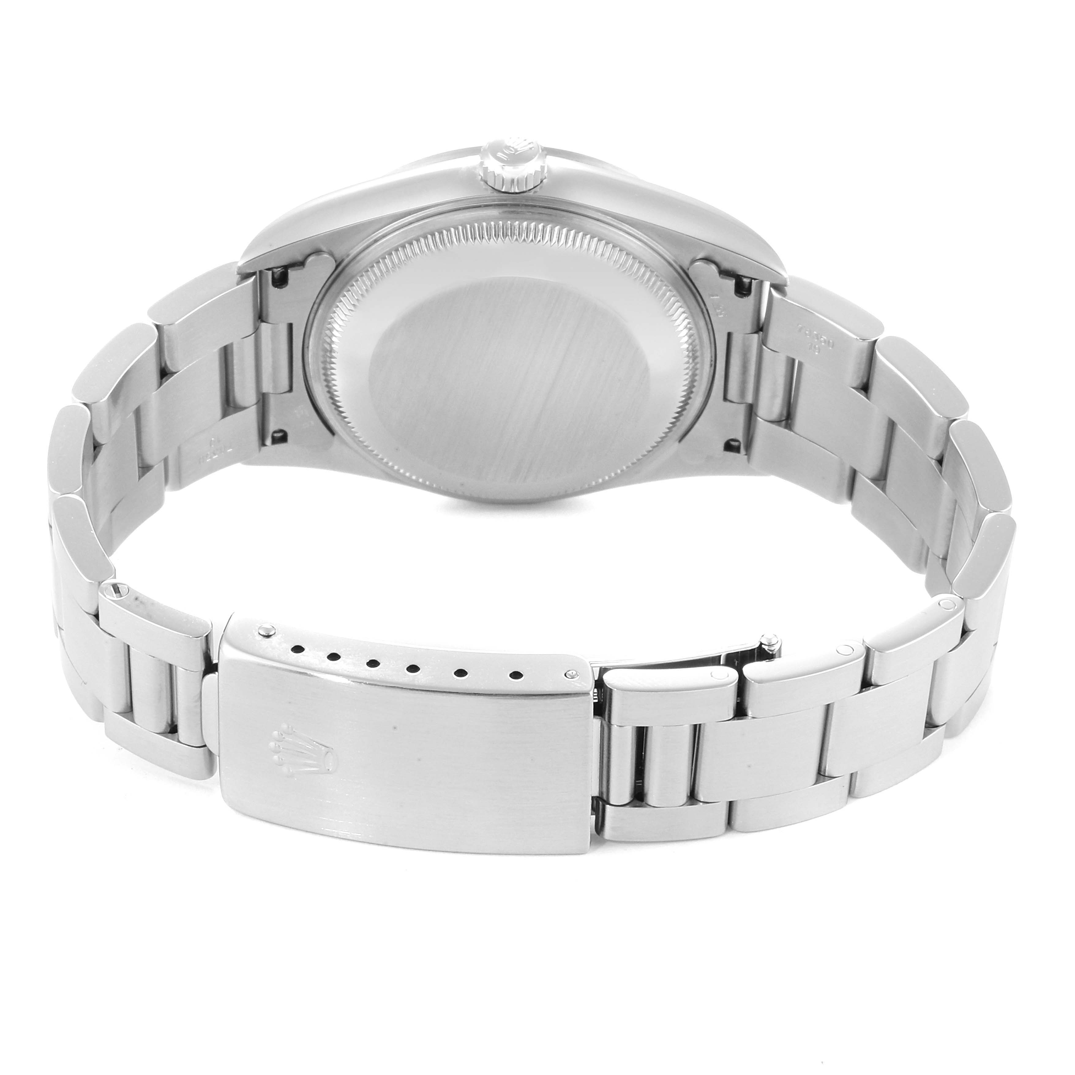 The image shows the back view of the Rolex Date 15200 Men's Stainless Steel Black Dial 15200 Men's Stainless Steel Black Dial model watch, highlighting its bracelet and clasp.