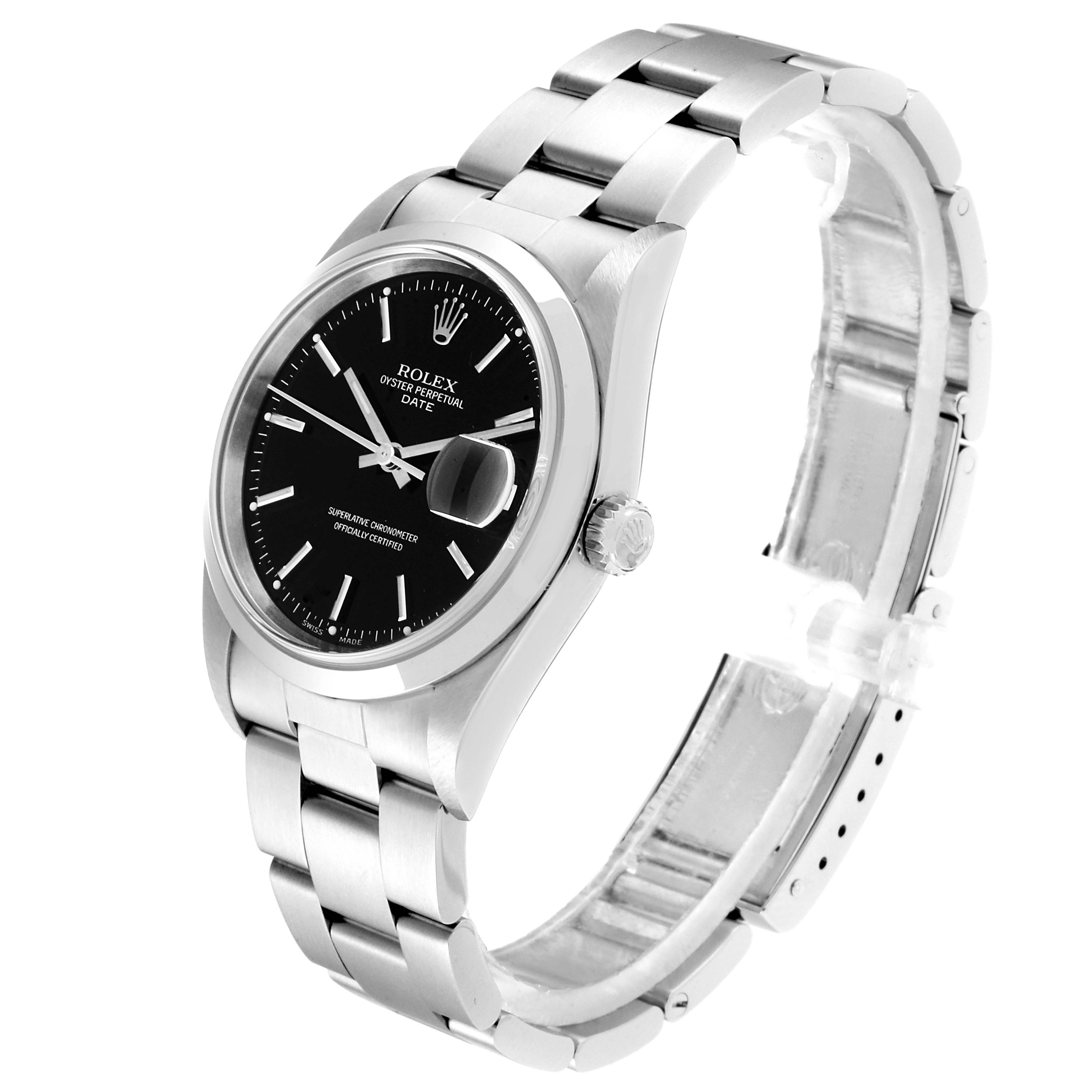 The Rolex Date 15200 Men's Stainless Steel Black Dial 15200 Men's Stainless Steel Black Dial model watch is shown at a three-quarter angle, highlighting the dial, bracelet, and crown.