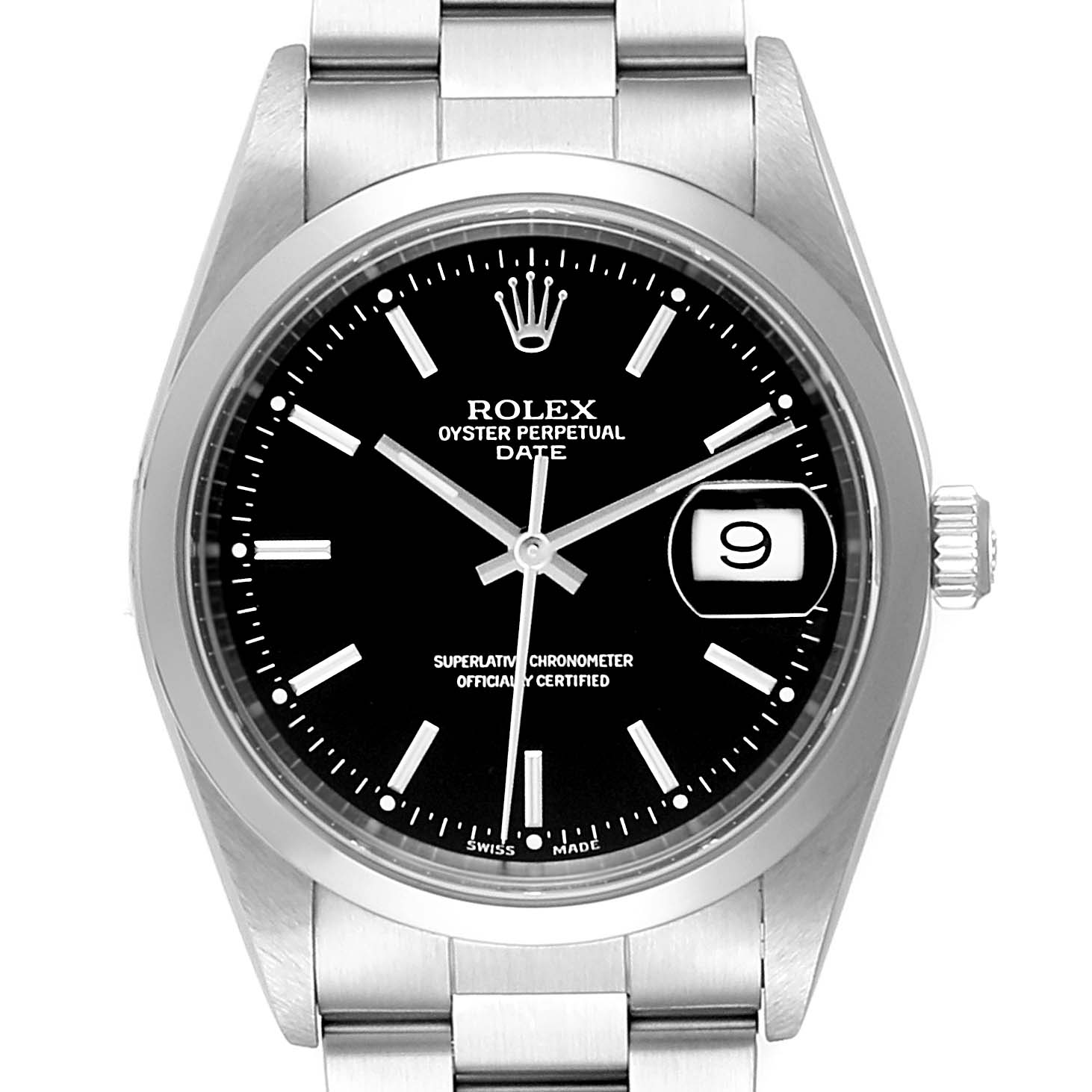 This image features a front view of a Rolex Oyster Perpetual Date watch, showcasing its black dial and date magnifier.
