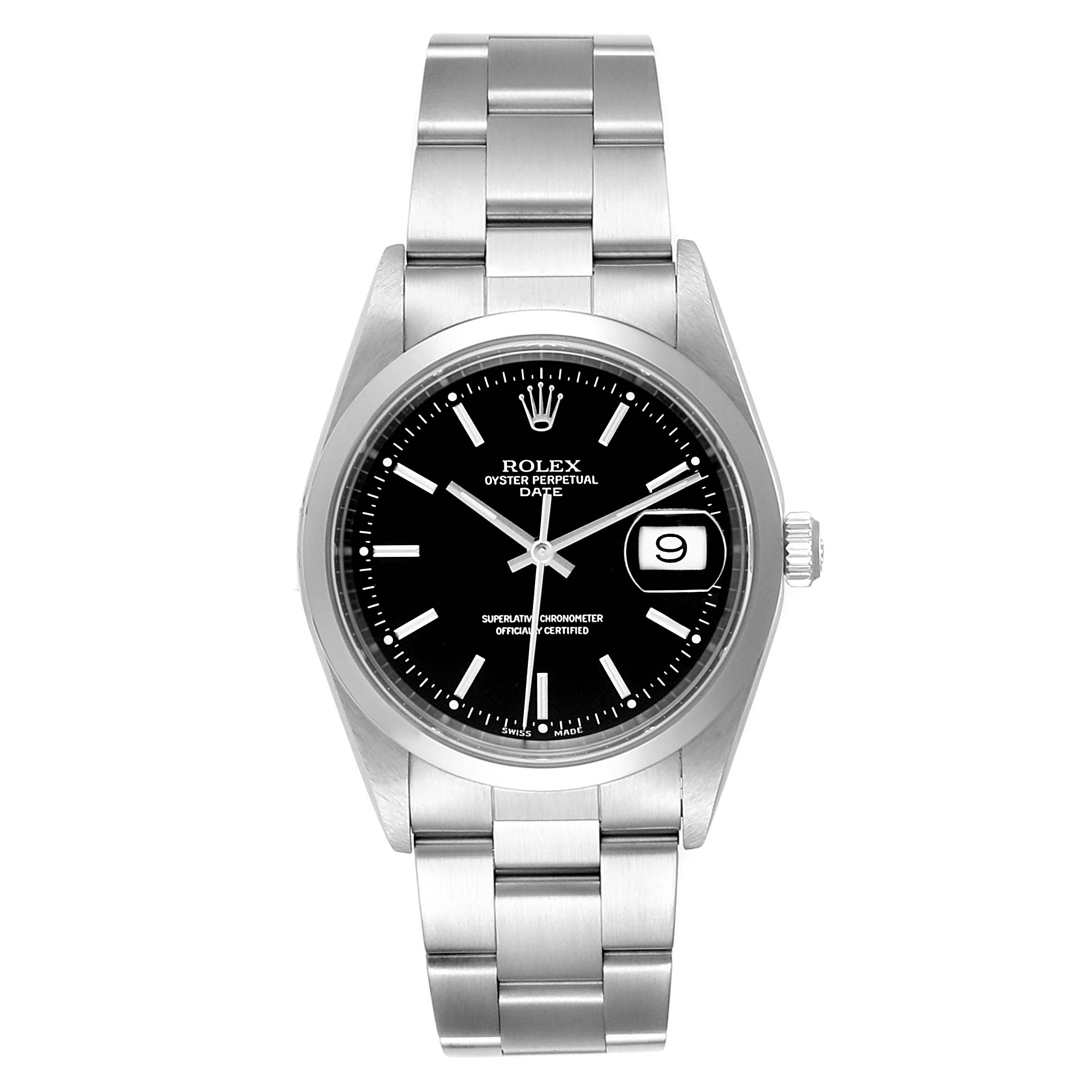 This is a front view of a Rolex Date 15200 Men's Stainless Steel Black Dial 15200 Men's Stainless Steel Black Dial watch, showing the dial, case, bezel, bracelet, and date window.
