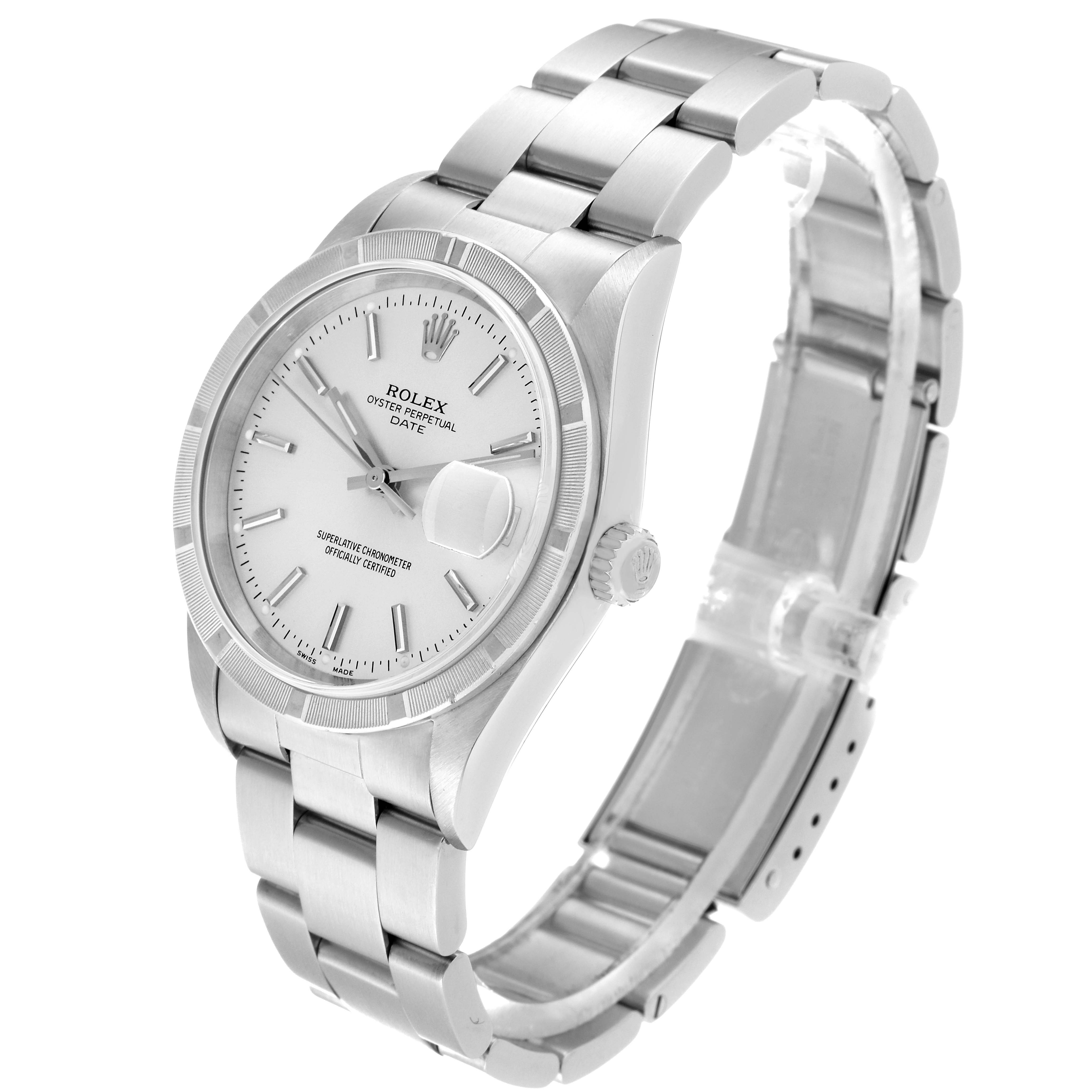 The image shows a Rolex Date 15210 Men's Stainless Steel Silver Dial 15210 Men's Stainless Steel Silver Dial model watch at an angle displaying the face, bezel, bracelet, and crown.