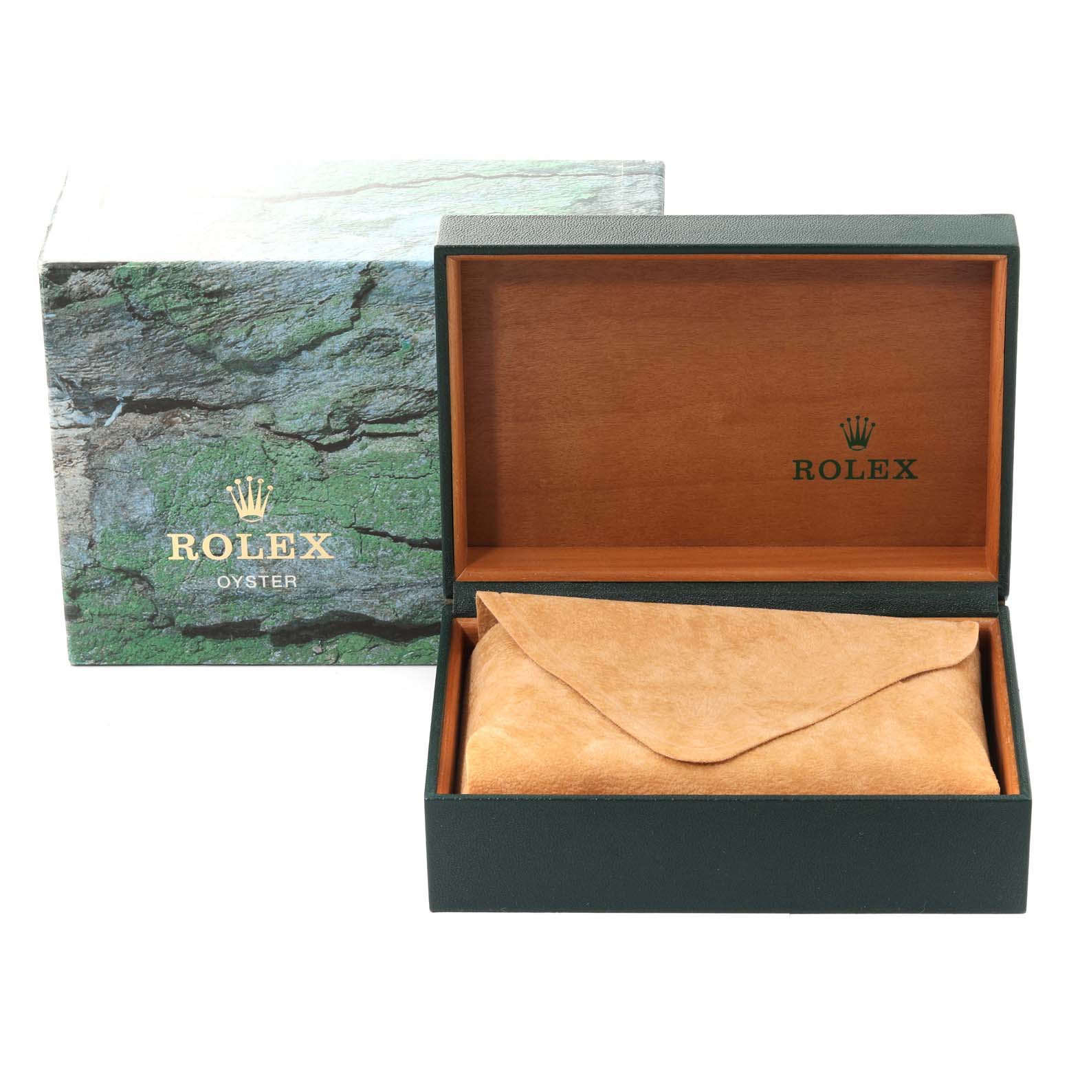 This image shows the packaging for a Rolex Date 15210 Men's Stainless Steel Silver Dial 15210 Men's Stainless Steel Silver Dial model watch, including an outer box, an inner wooden case, and a suede pouch.