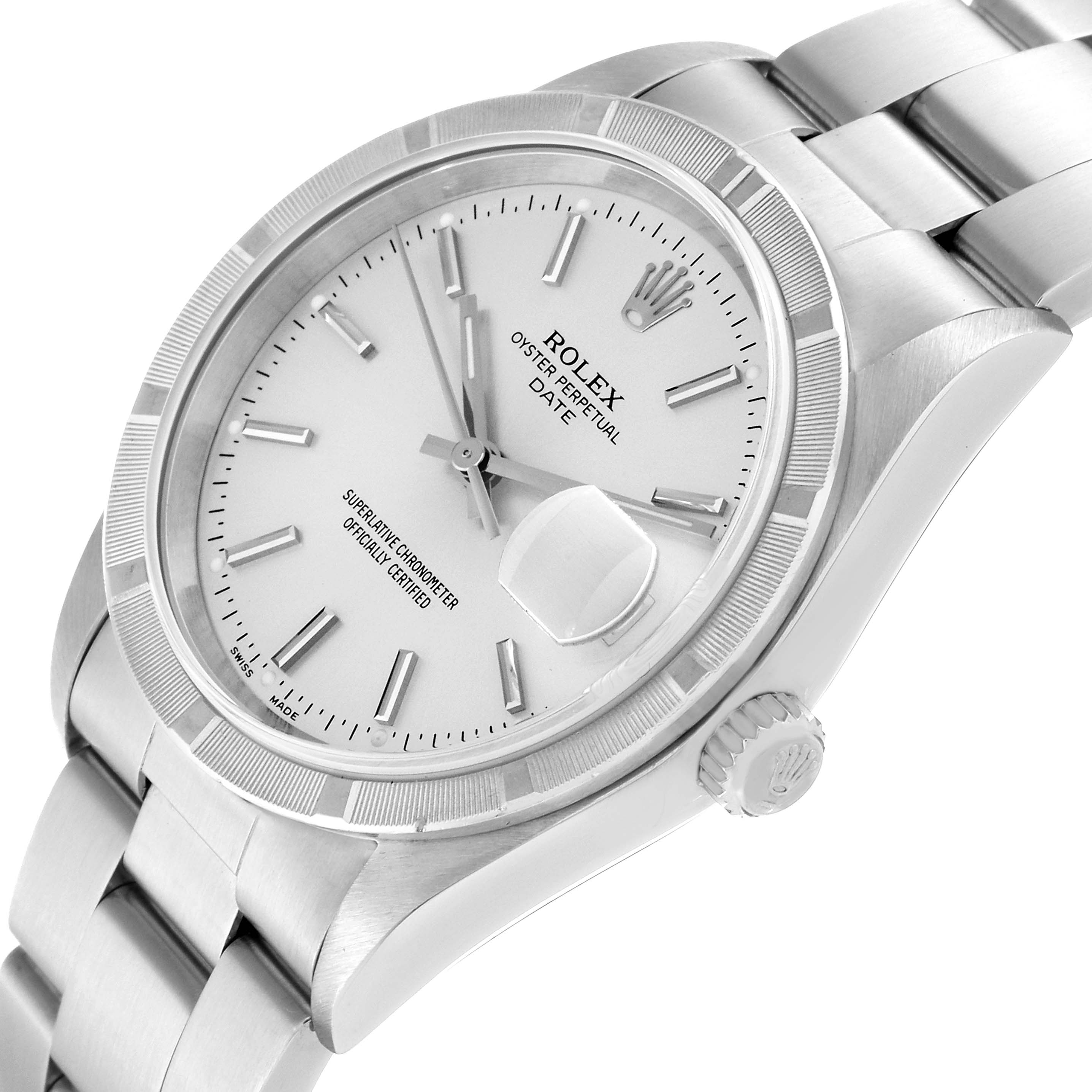 The image shows a side angle of the Rolex Date 15210 Men's Stainless Steel Silver Dial 15210 Men's Stainless Steel Silver Dial model, highlighting its face, bezel, crown, and bracelet.