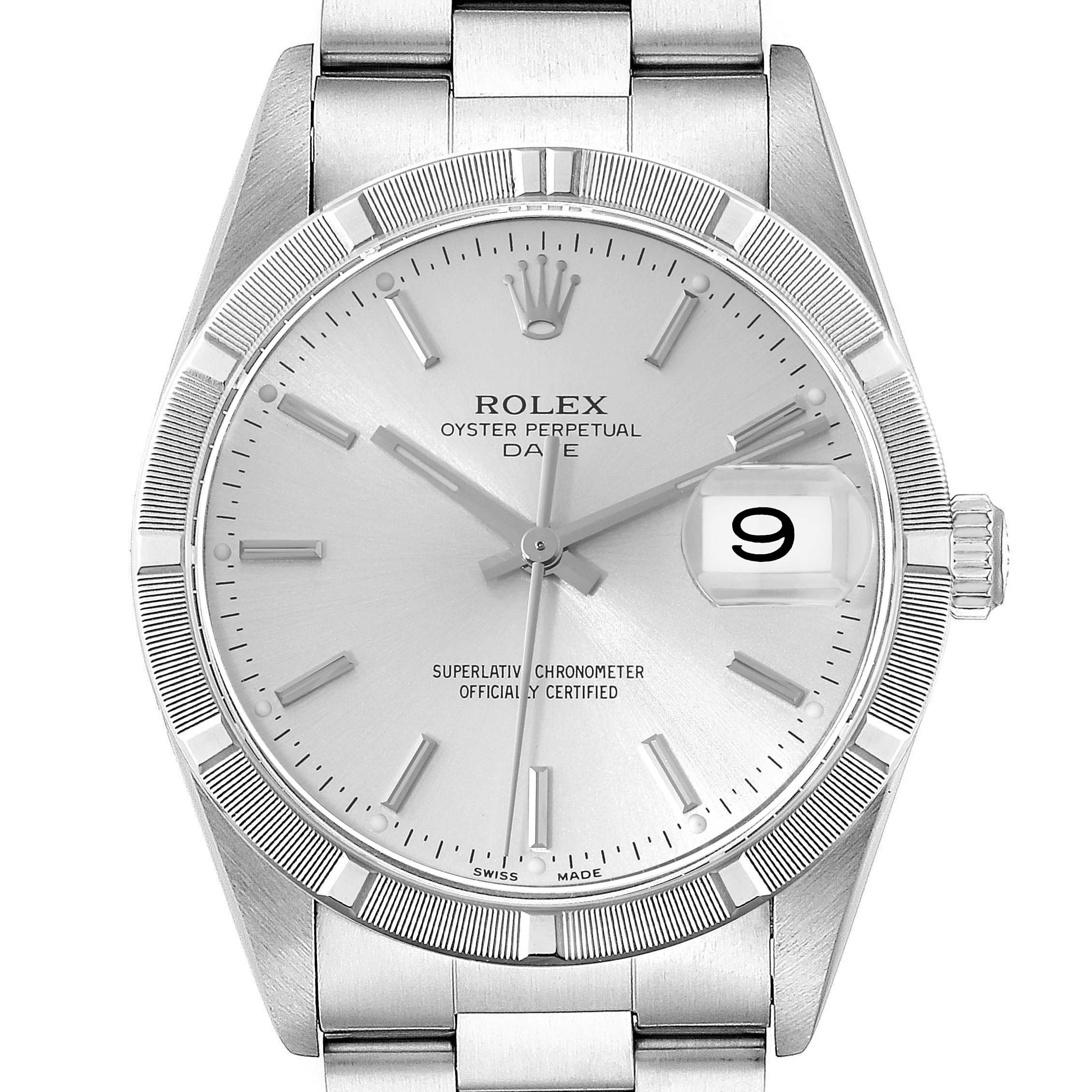This image shows a front view of a Rolex Date 15210 Men's Stainless Steel Silver Dial 15210 Men's Stainless Steel Silver Dial model watch, highlighting the dial, bezel, crown, and part of the bracelet.