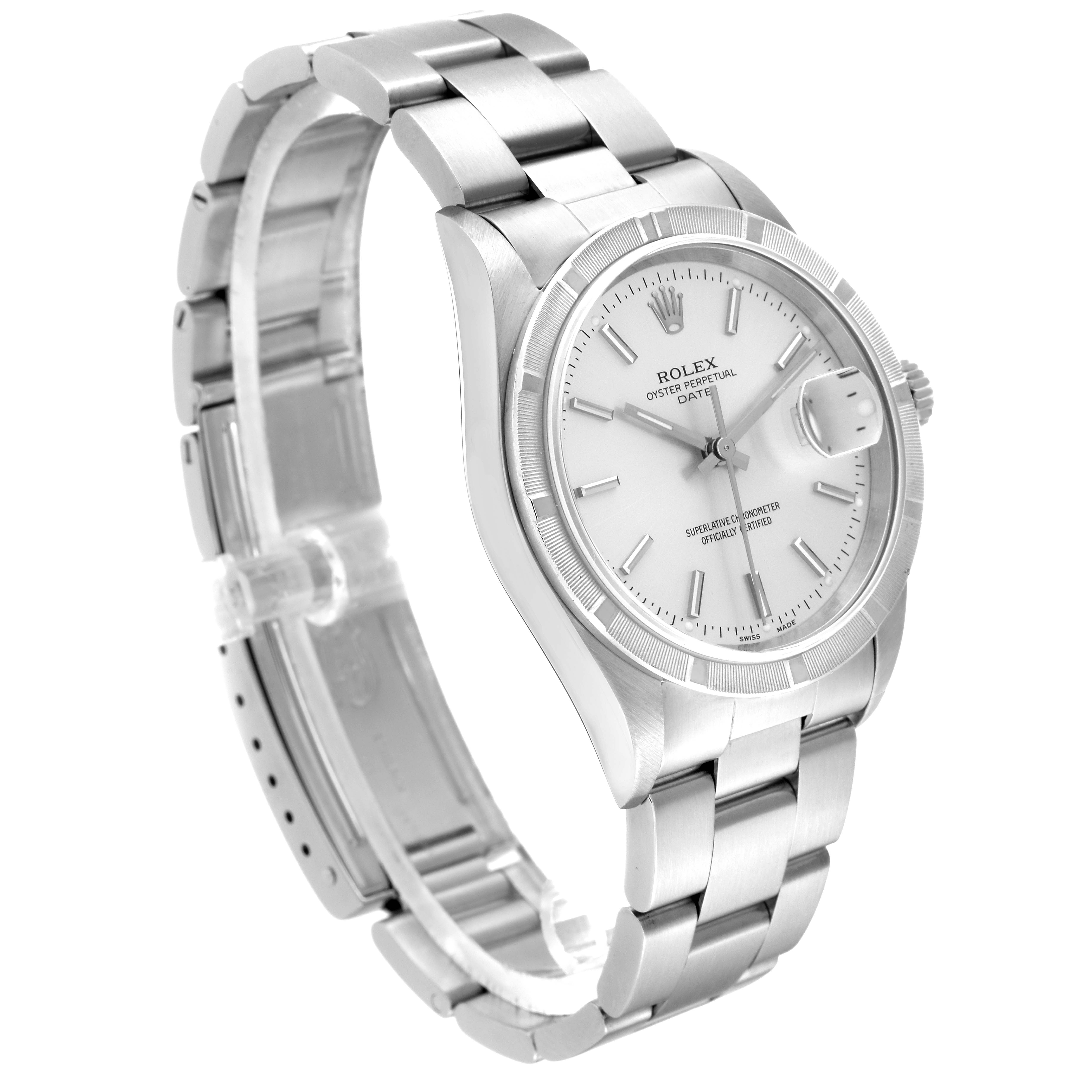 The Rolex Date 15210 Men's Stainless Steel Silver Dial 15210 Men's Stainless Steel Silver Dial watch is shown at a slight angle displaying the face, bezel, and stainless steel bracelet.