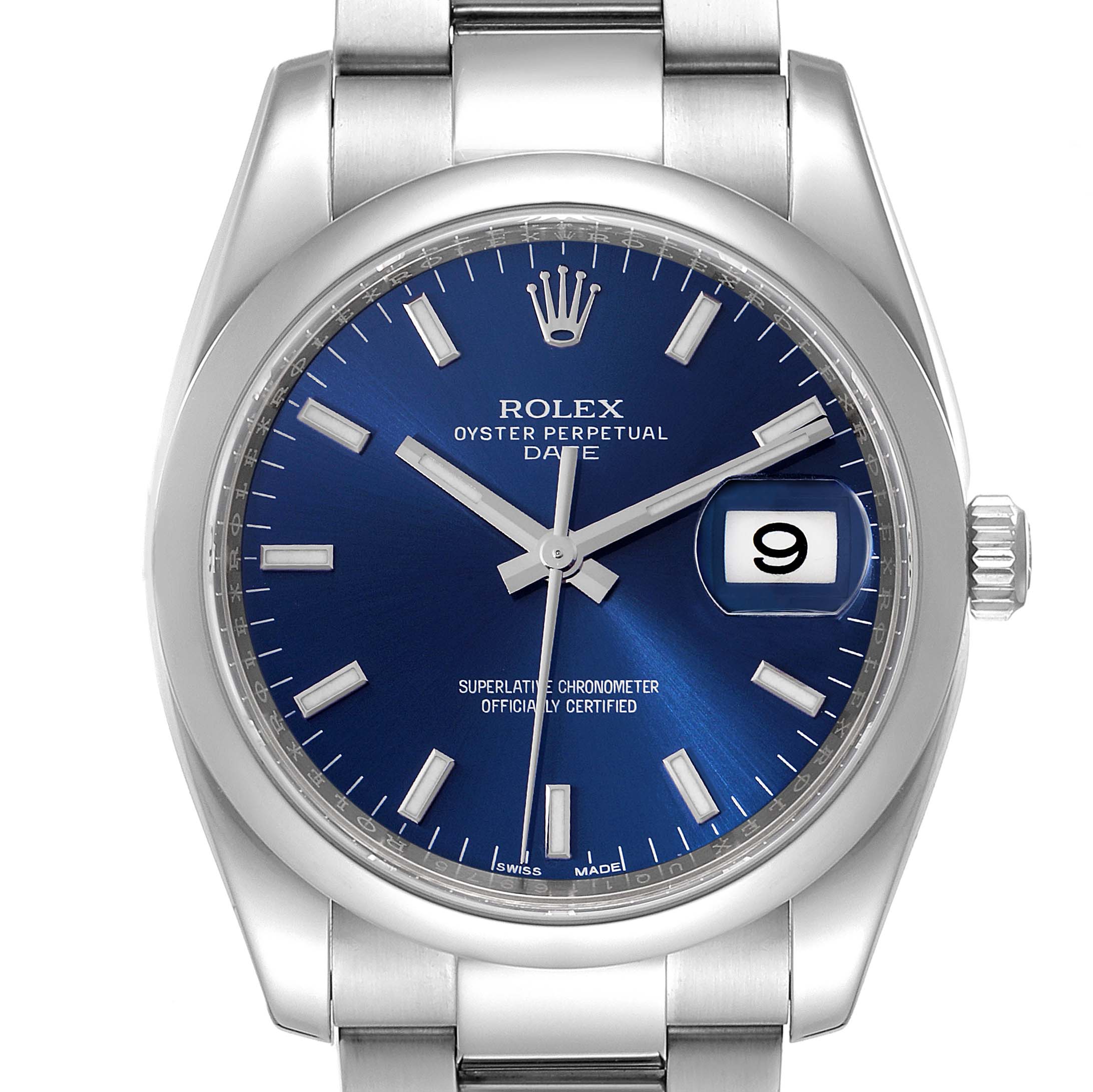 This image shows the face, dial, bezel, crown, and part of the bracelet of a Rolex Date 115200 Men's Stainless Steel Blue Dial 115200 Men's Stainless Steel Blue Dial model watch.