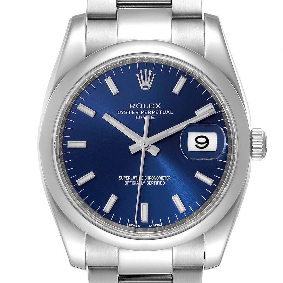 Rolex Date Stainless Steel Blue Baton Dial Mens Watch 115200 Box Card SwissWatchExpo