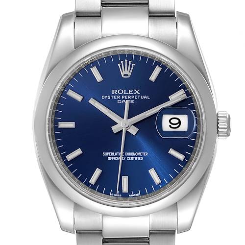 Photo of Rolex Date Stainless Steel Blue Baton Dial Mens Watch 115200 Box Card