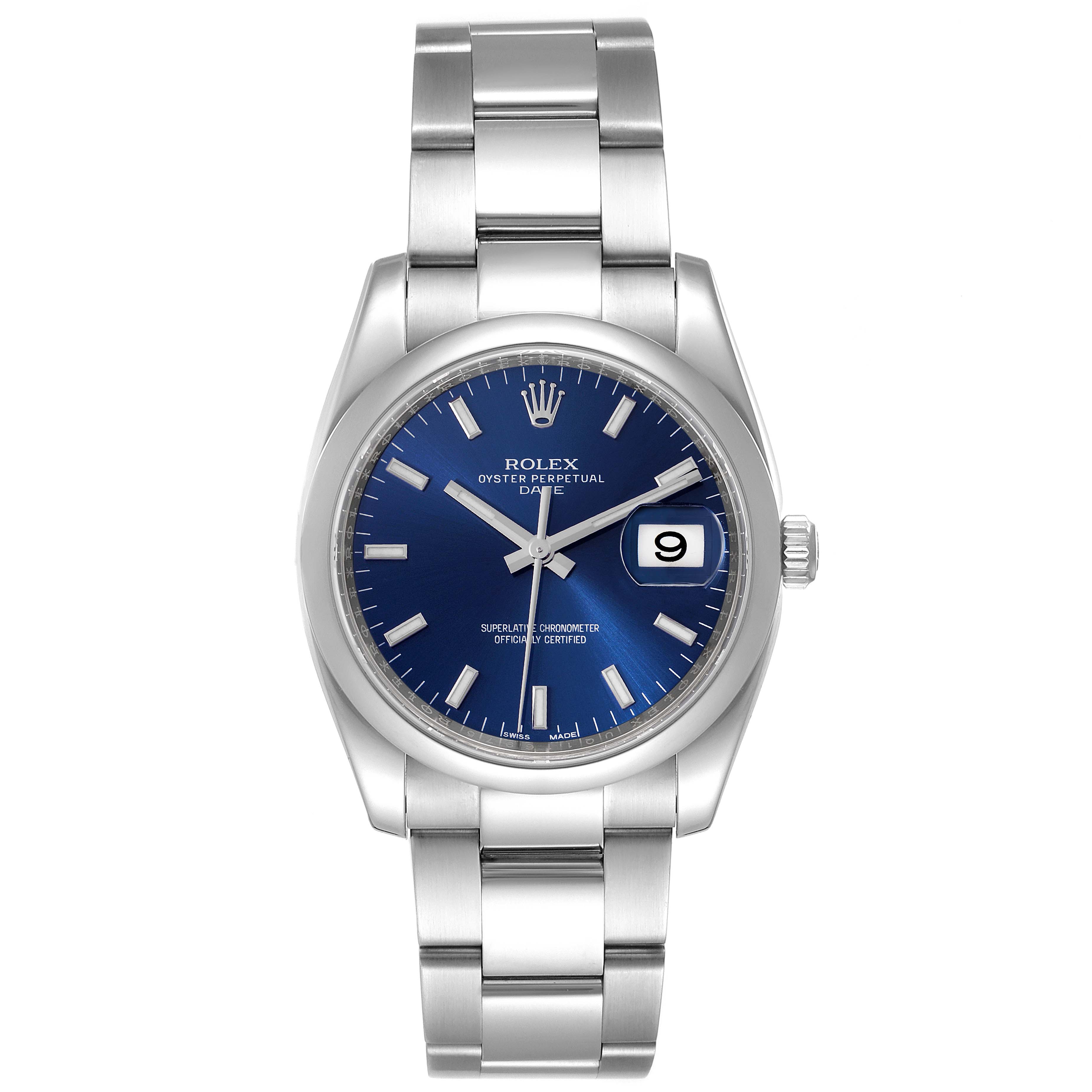 The image shows a front view of a Rolex Date 115200 Men's Stainless Steel Blue Dial 115200 Men's Stainless Steel Blue Dial model watch, displaying the dial, case, and bracelet.