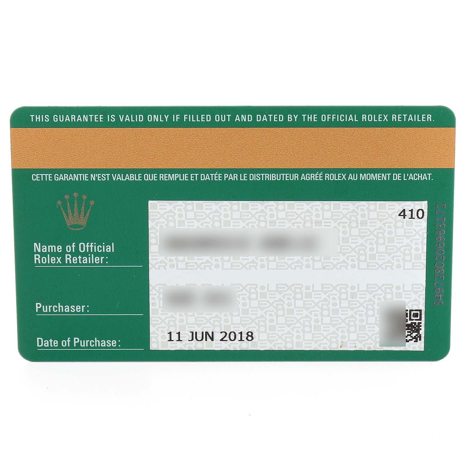 The image shows a rectangular Rolex Date 115200 Men's Stainless Steel Blue Dial 115200 Men's Stainless Steel Blue Dial model warranty card with details about the retailer, purchaser, and date of purchase.