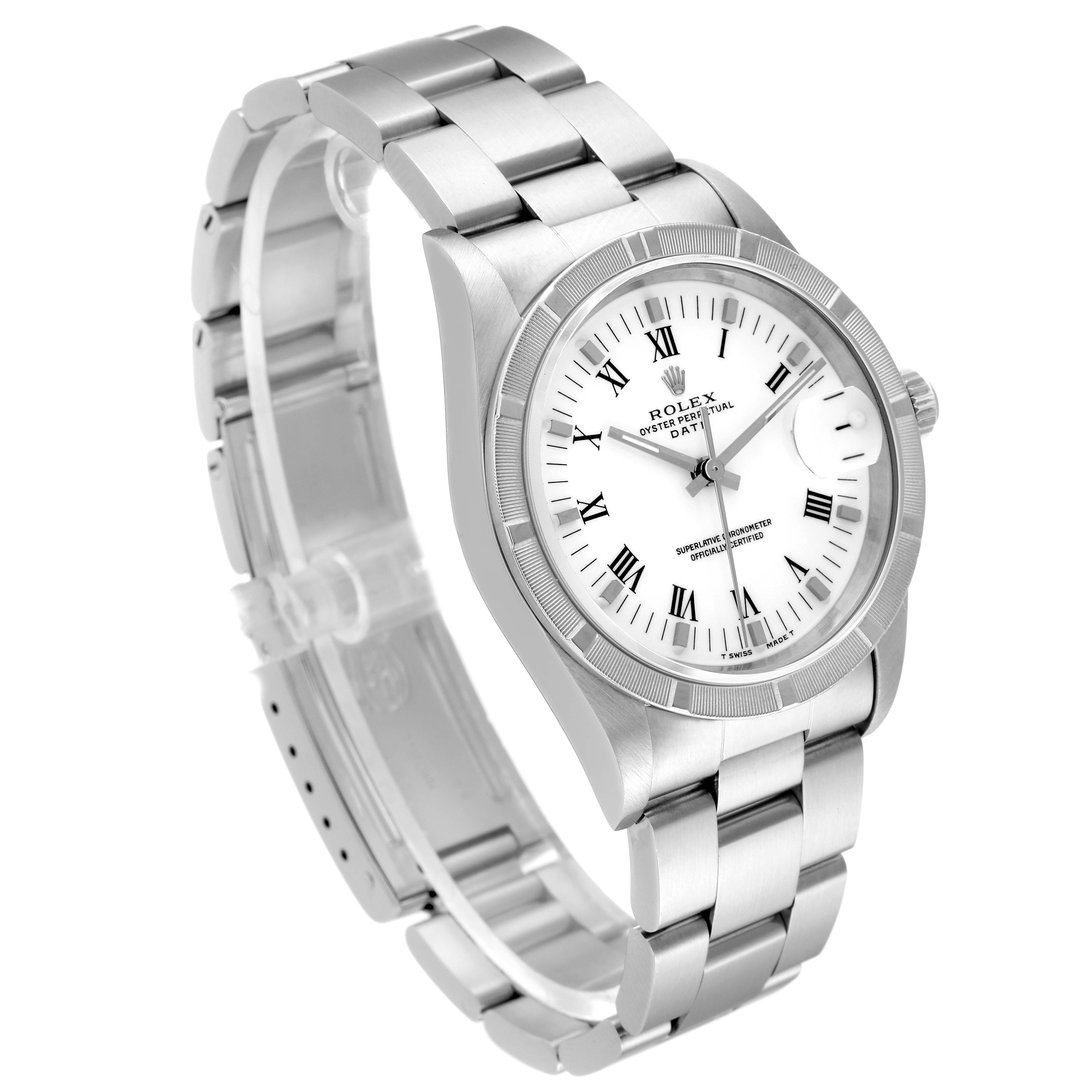 The image shows a front and slightly angled view of a Rolex Date 15210 Men's Stainless Steel White Dial 15210 Men's Stainless Steel White Dial model watch, highlighting the dial, case, and bracelet.