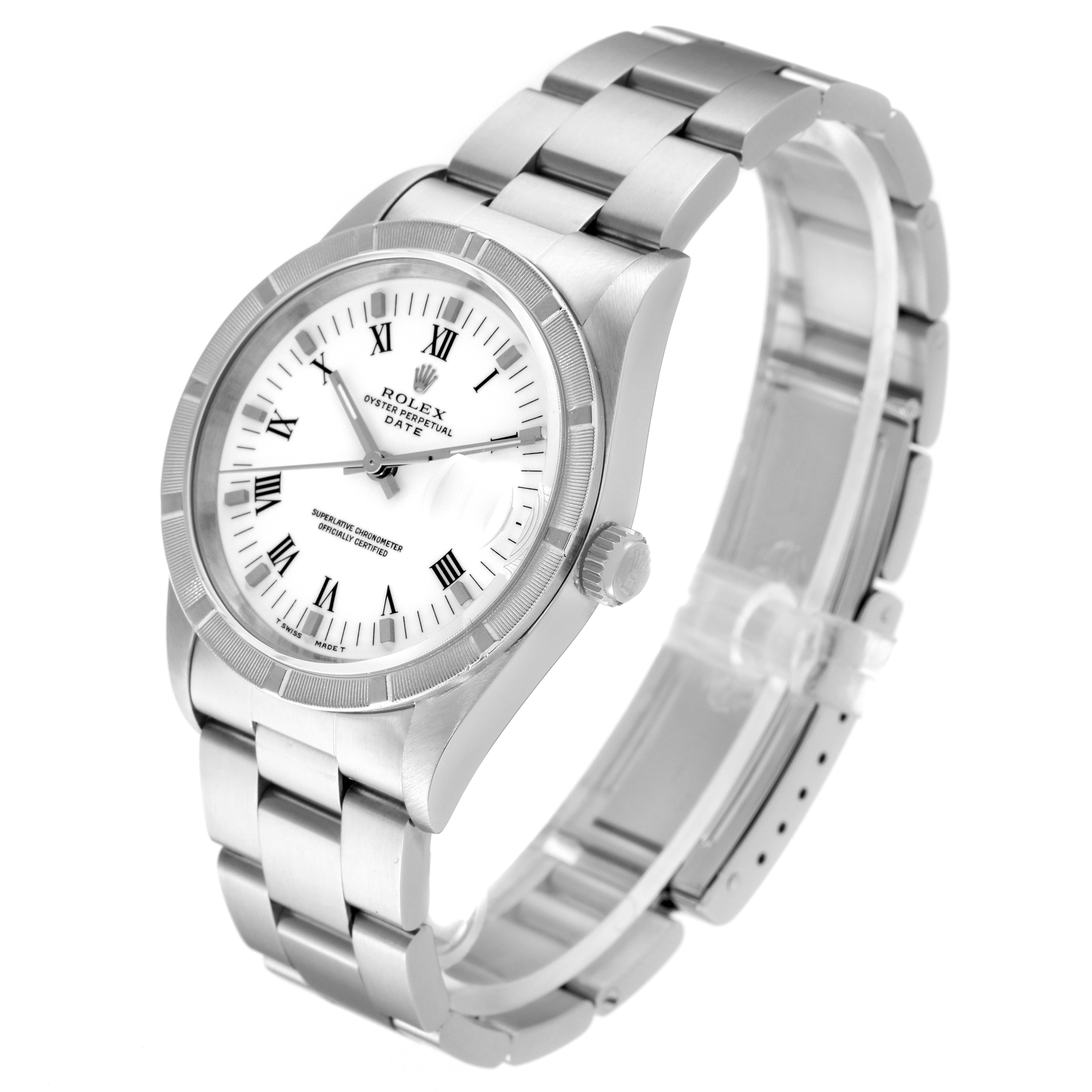 This image shows a side-angle view of a Rolex Date 15210 Men's Stainless Steel White Dial 15210 Men's Stainless Steel White Dial model watch highlighting its stainless steel case, bracelet, dial, and bezel.