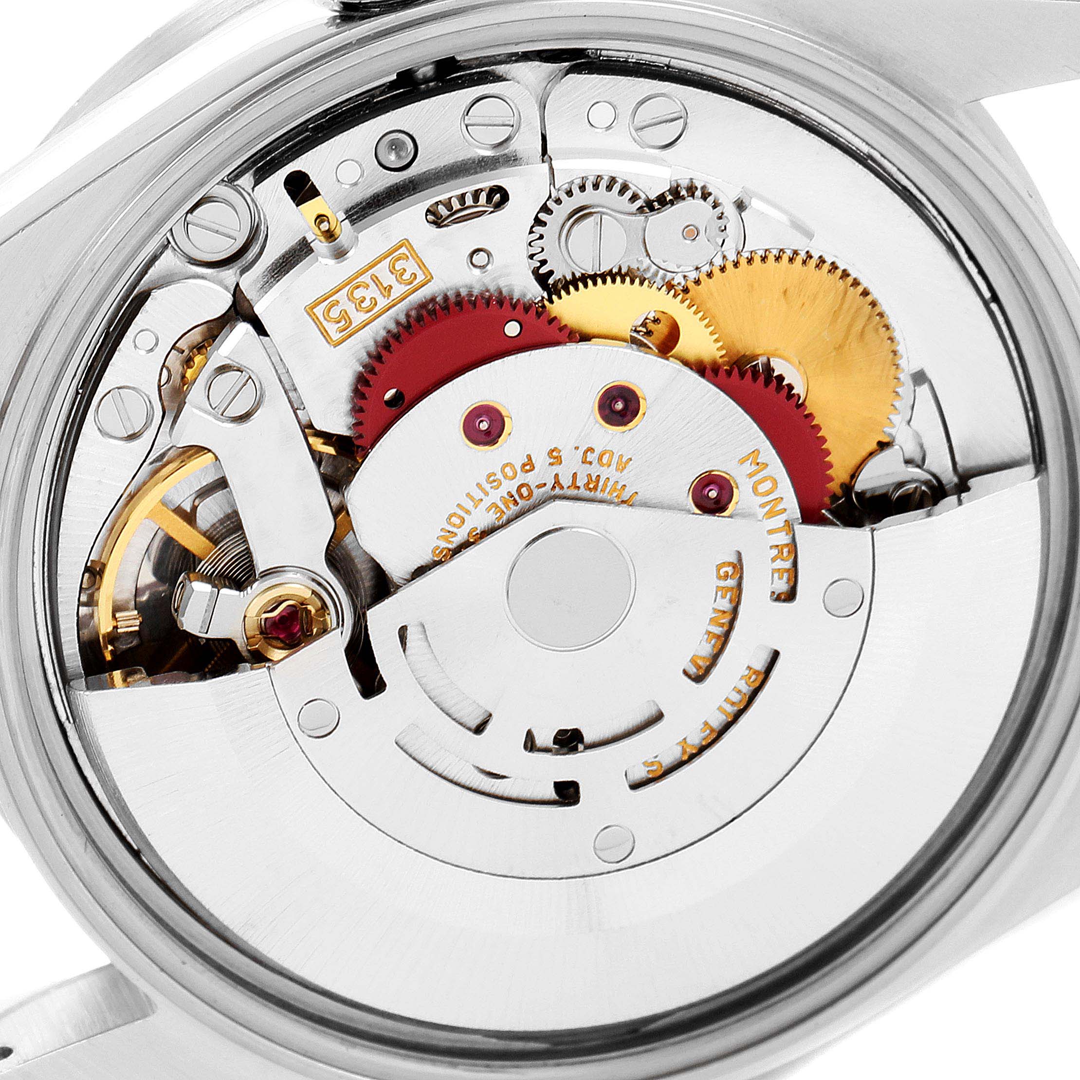 This image shows the intricate movement mechanism of a Rolex Date 15210 Men's Stainless Steel White Dial 15210 Men's Stainless Steel White Dial model watch from a reverse angle.