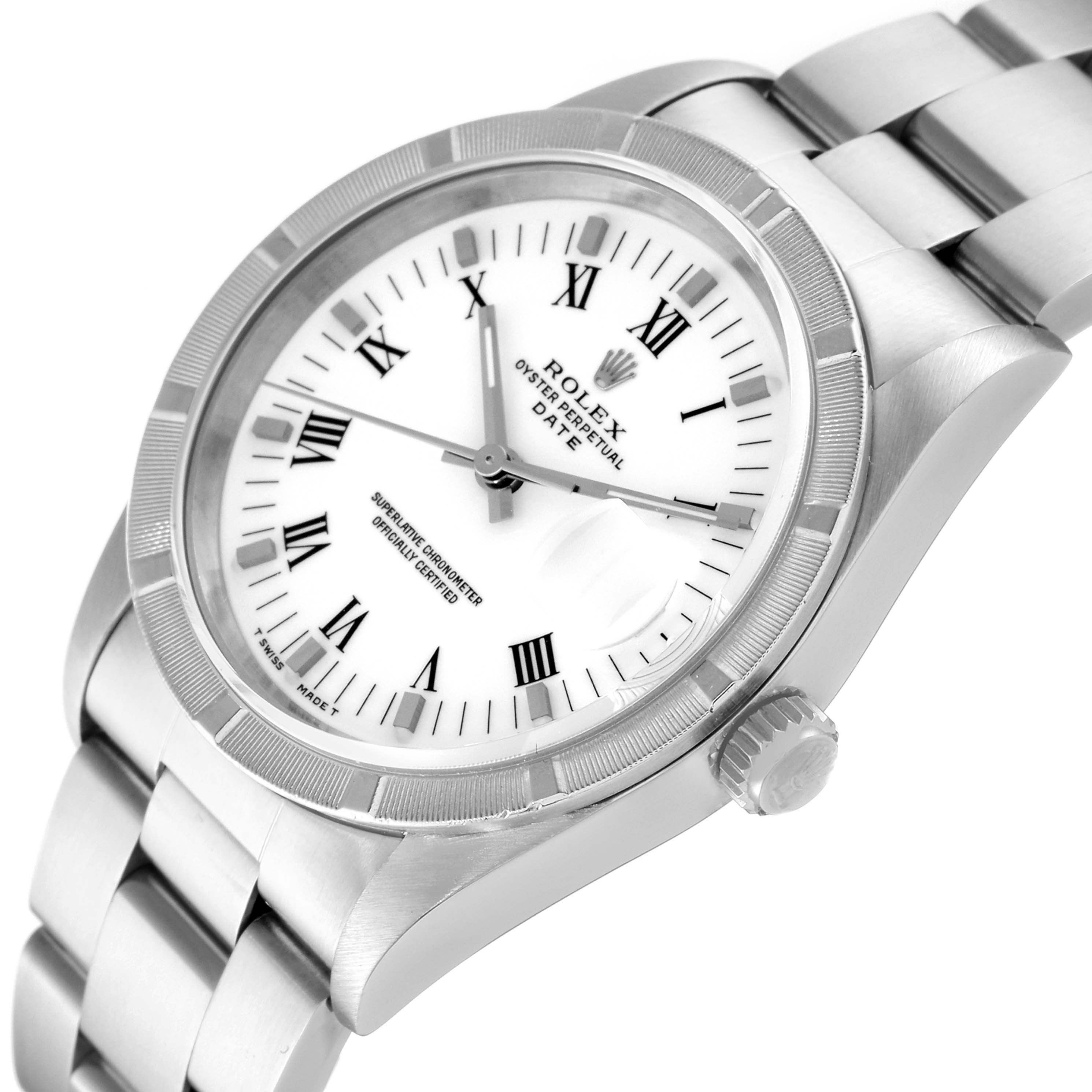 The Rolex Date 15210 Men's Stainless Steel White Dial 15210 Men's Stainless Steel White Dial watch is shown at a slight angle, displaying the dial, bezel, crown, and a portion of the bracelet.