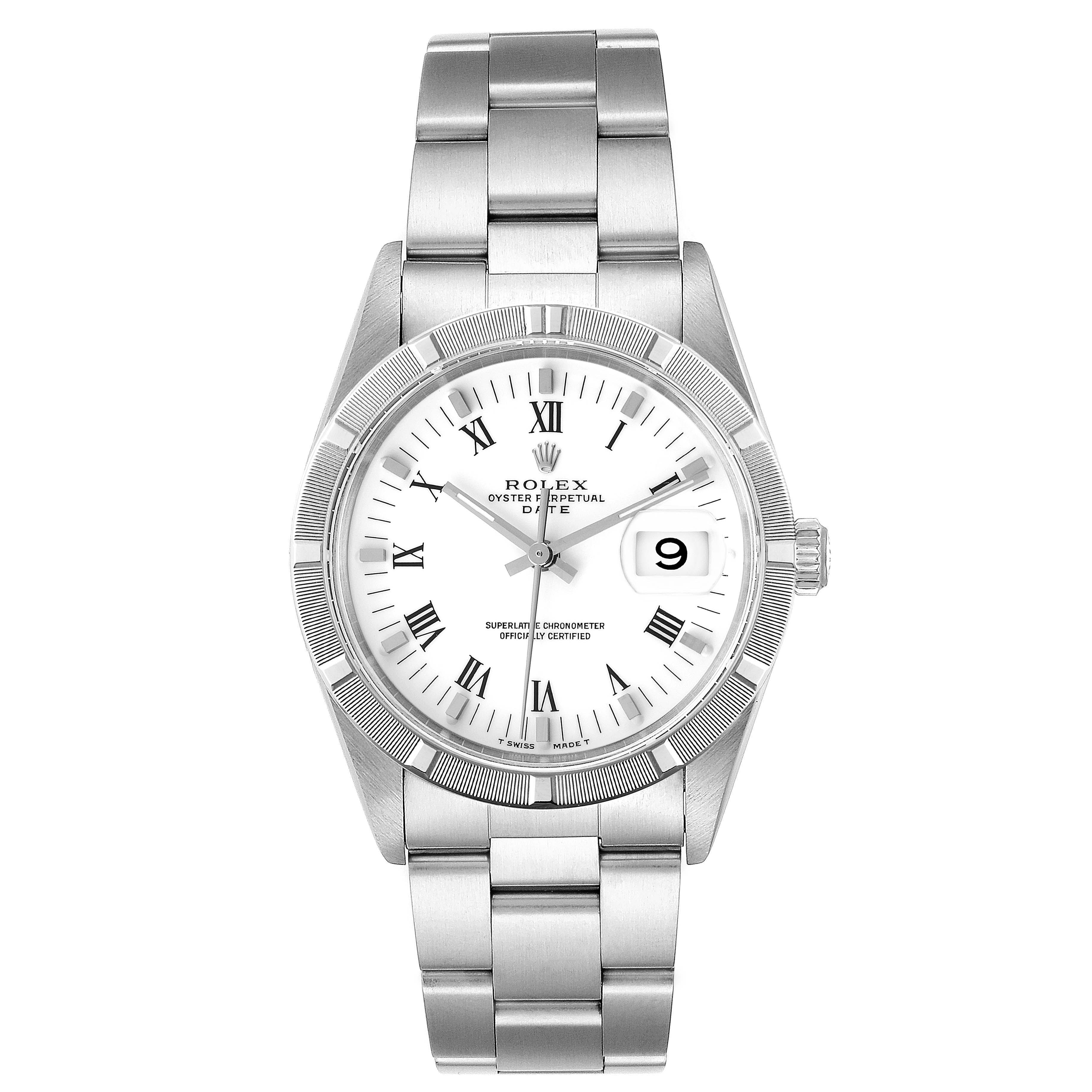 The image shows a front view of the Rolex Date 15210 Men's Stainless Steel White Dial 15210 Men's Stainless Steel White Dial model watch, displaying its face, bezel, and bracelet.