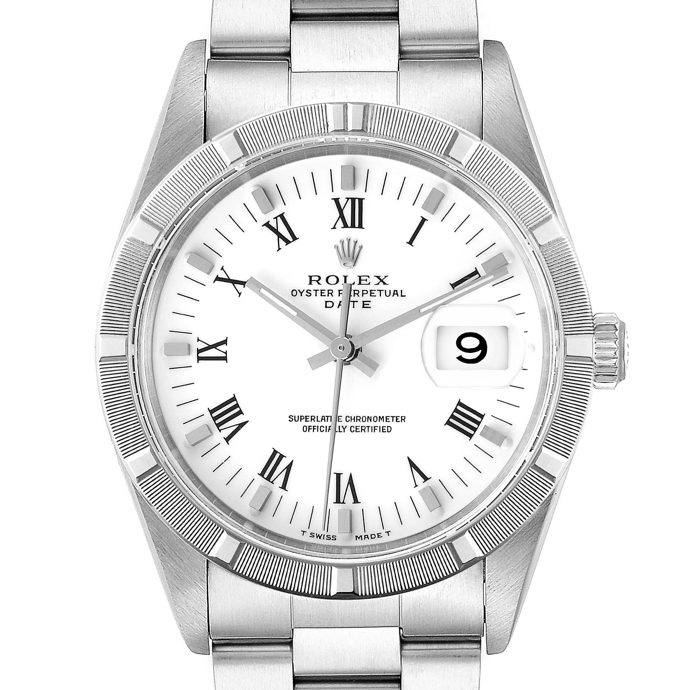 The Rolex Date 15210 Men's Stainless Steel White Dial 15210 Men's Stainless Steel White Dial model watch is shown from a front angle, displaying the dial, bezel, crown, and part of the bracelet.