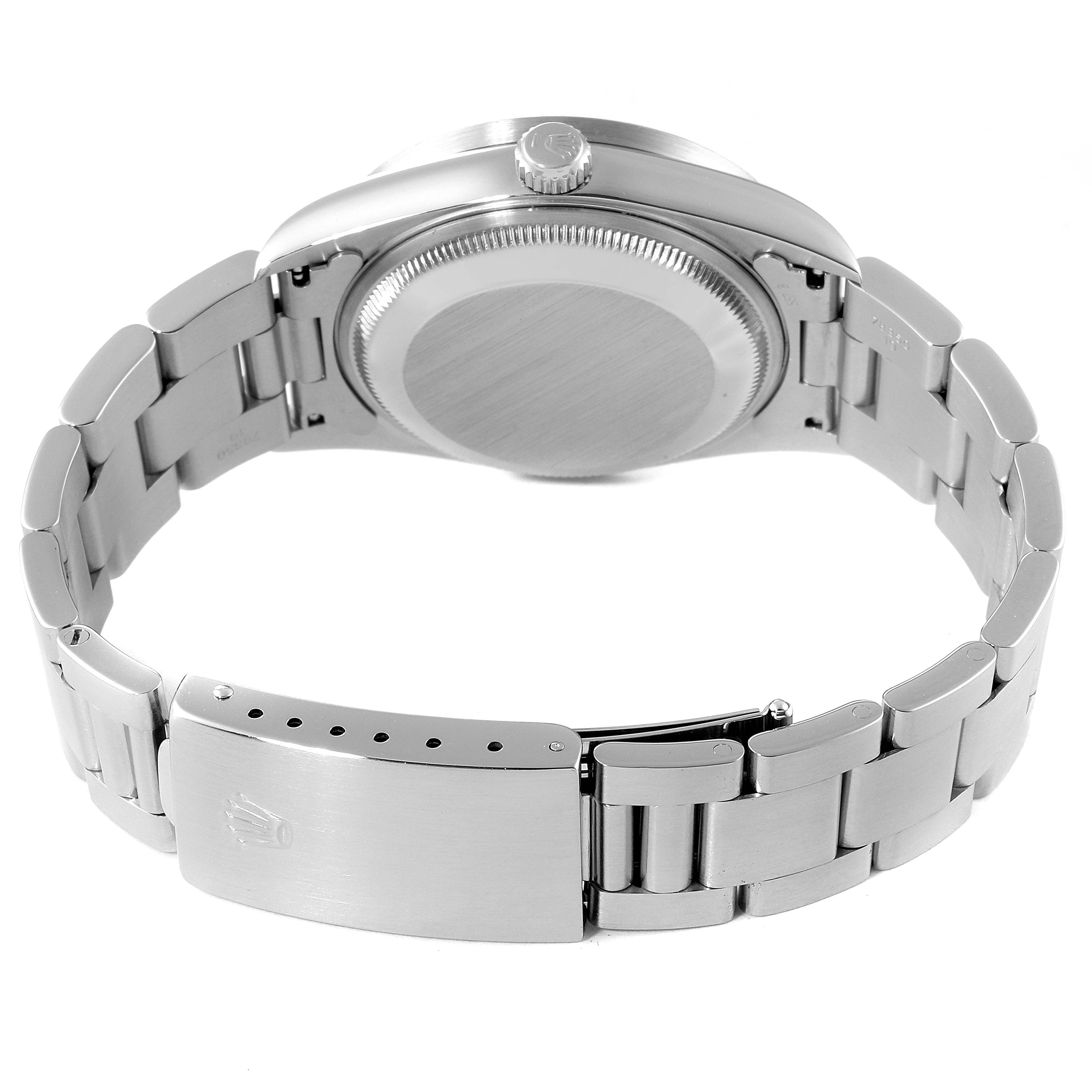 The image shows the back view of a Rolex Date 15210 Men's Stainless Steel White Dial 15210 Men's Stainless Steel White Dial model watch, highlighting the case back, bracelet, and clasp.