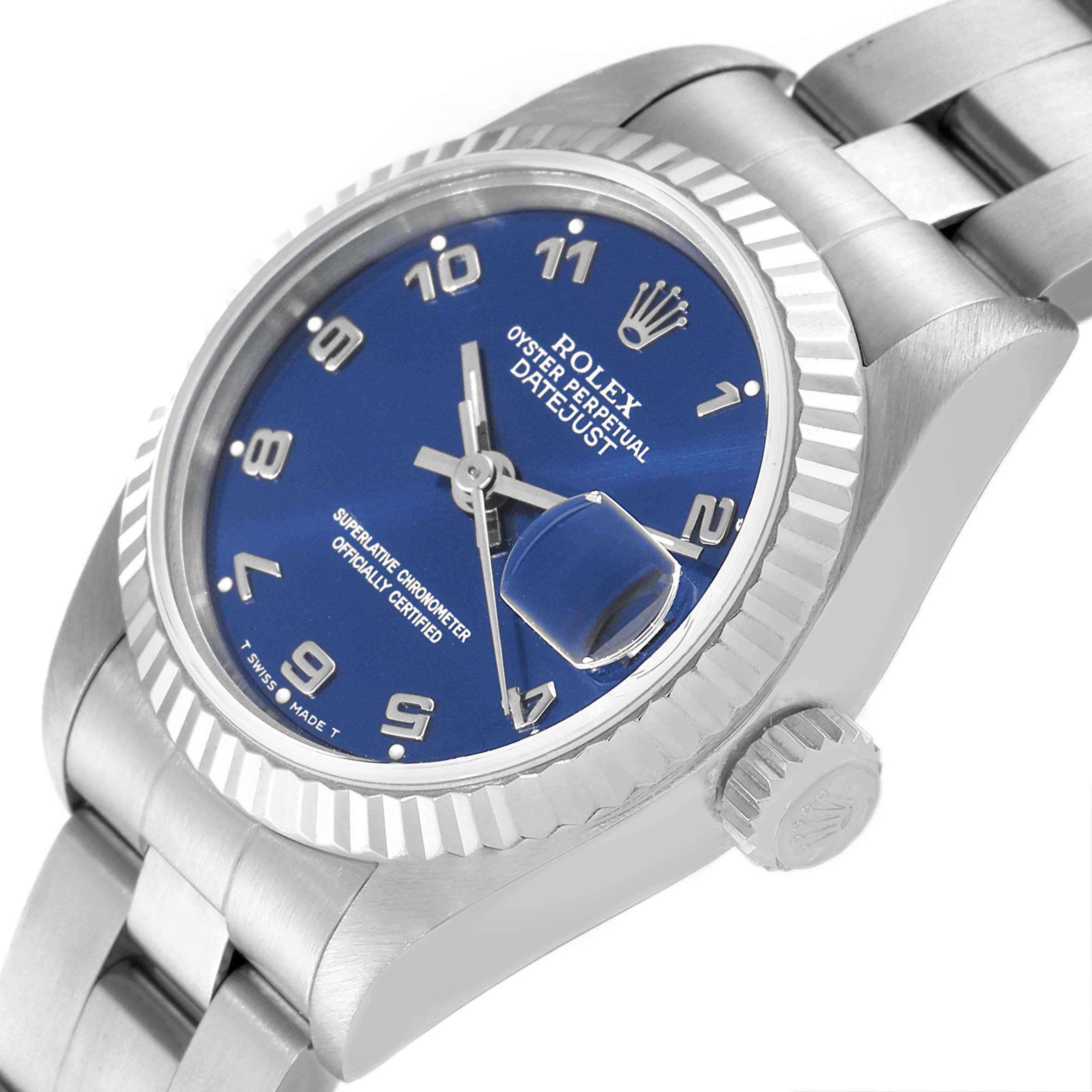 The Rolex Datejust 69174 Women
s Stainless Steel Blue Dial 69174 Women
s Stainless Steel Blue Dial watch is shown at a slight angle, highlighting the blue dial, fluted bezel, and crown.