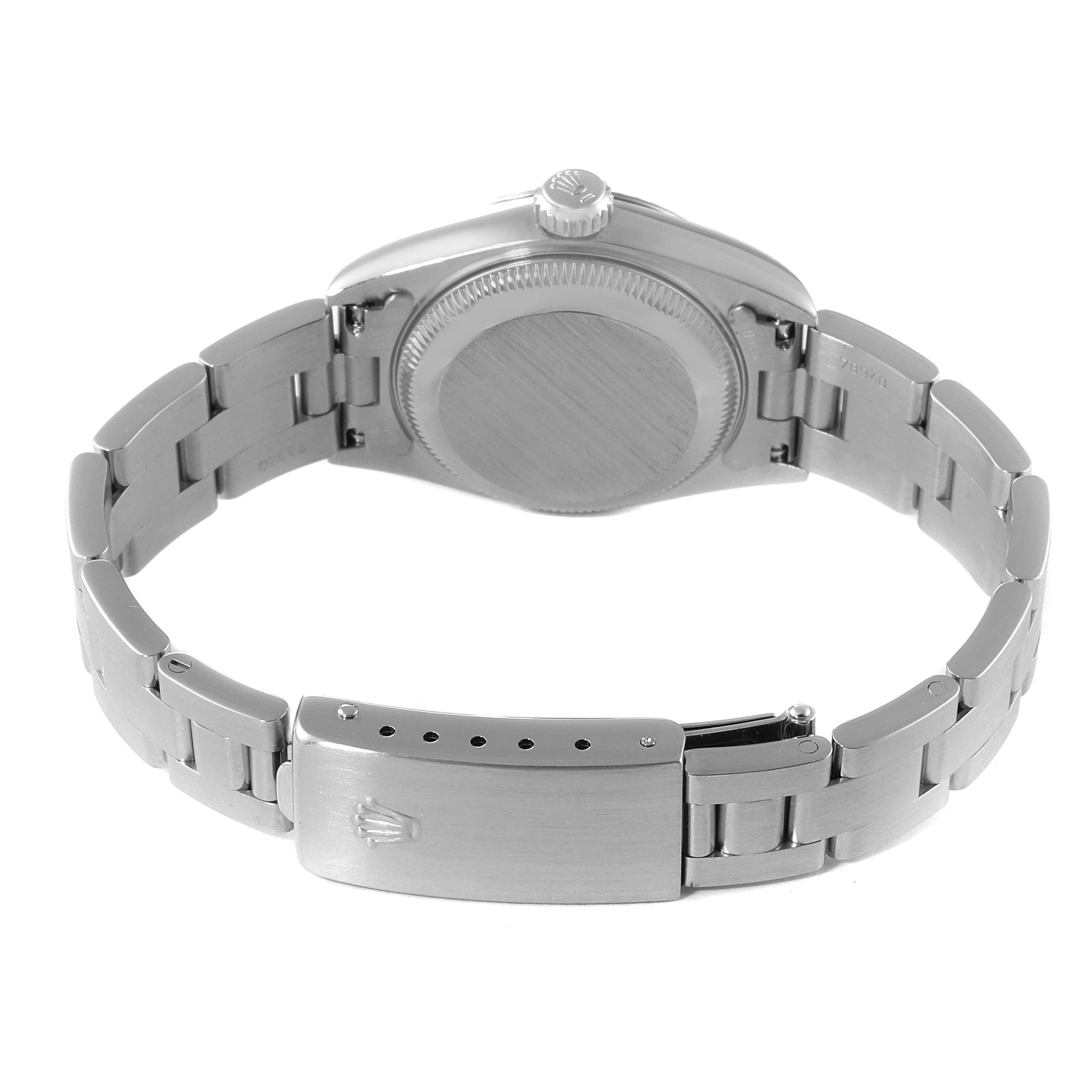 This image shows the back view of a Rolex Datejust 69174 Women
s Stainless Steel Blue Dial 69174 Women
s Stainless Steel Blue Dial watch, highlighting the case back and metal bracelet with clasp.