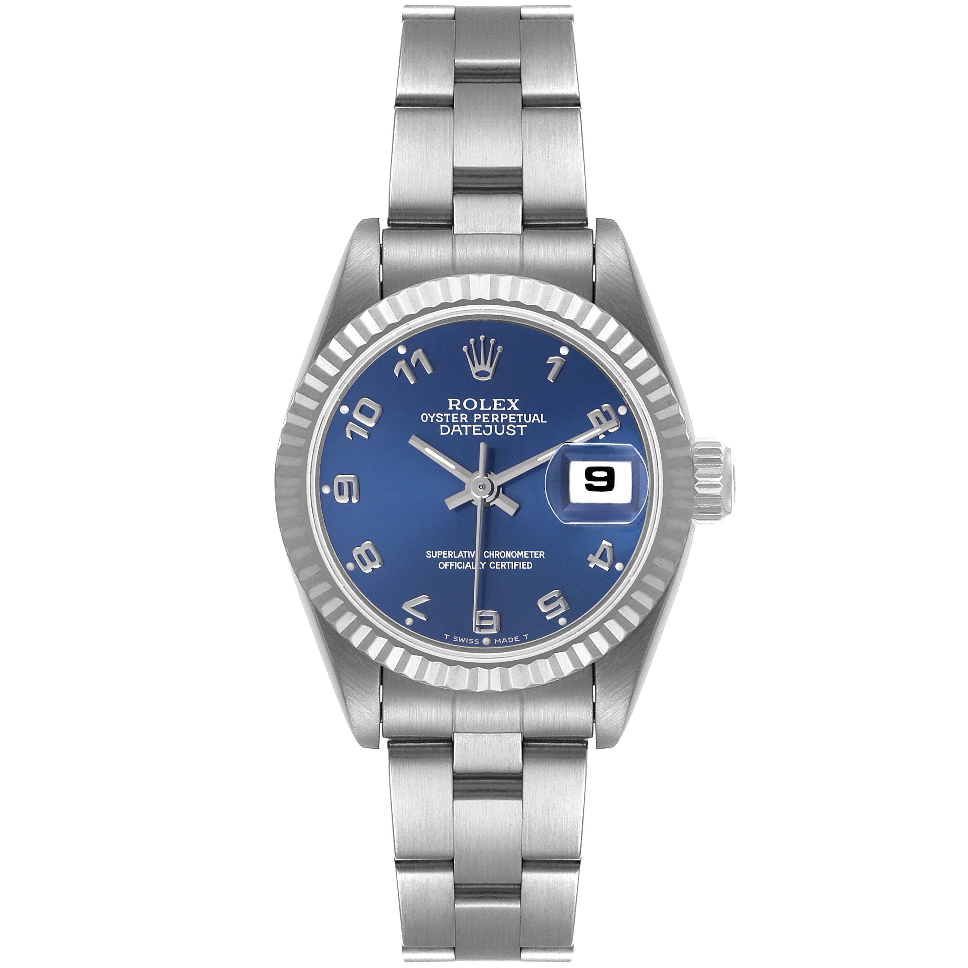 The image shows a front view of a Rolex Datejust 69174 Women
s Stainless Steel Blue Dial 69174 Women
s Stainless Steel Blue Dial watch, displaying the dial, bezel, crown, and bracelet.
