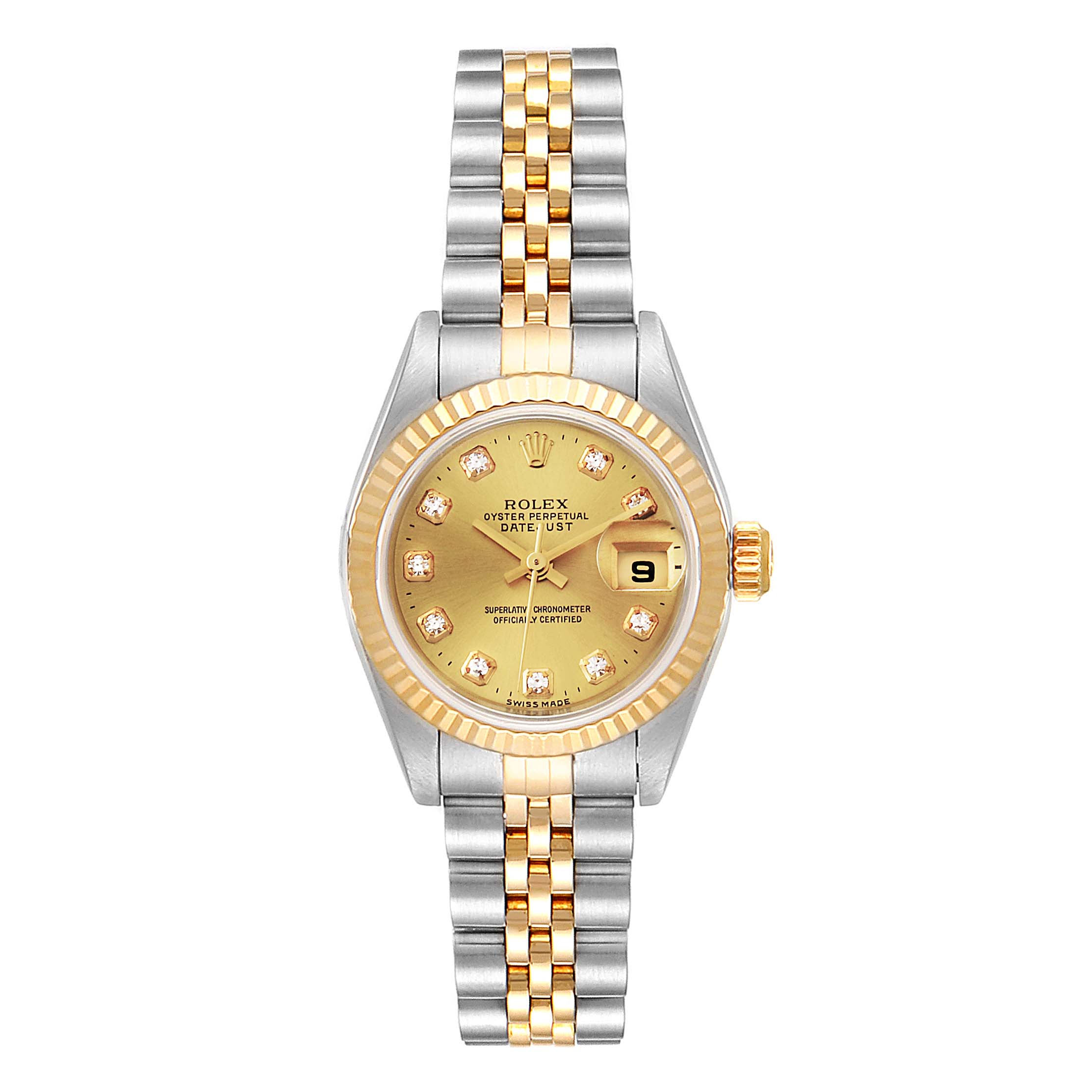 This image shows a frontal view of a Rolex Datejust 79173 Women's Steel and Gold (two tone) Champagne Dial 79173 Women's Steel and Gold (two tone) Champagne Dial watch featuring a gold and stainless steel bracelet.