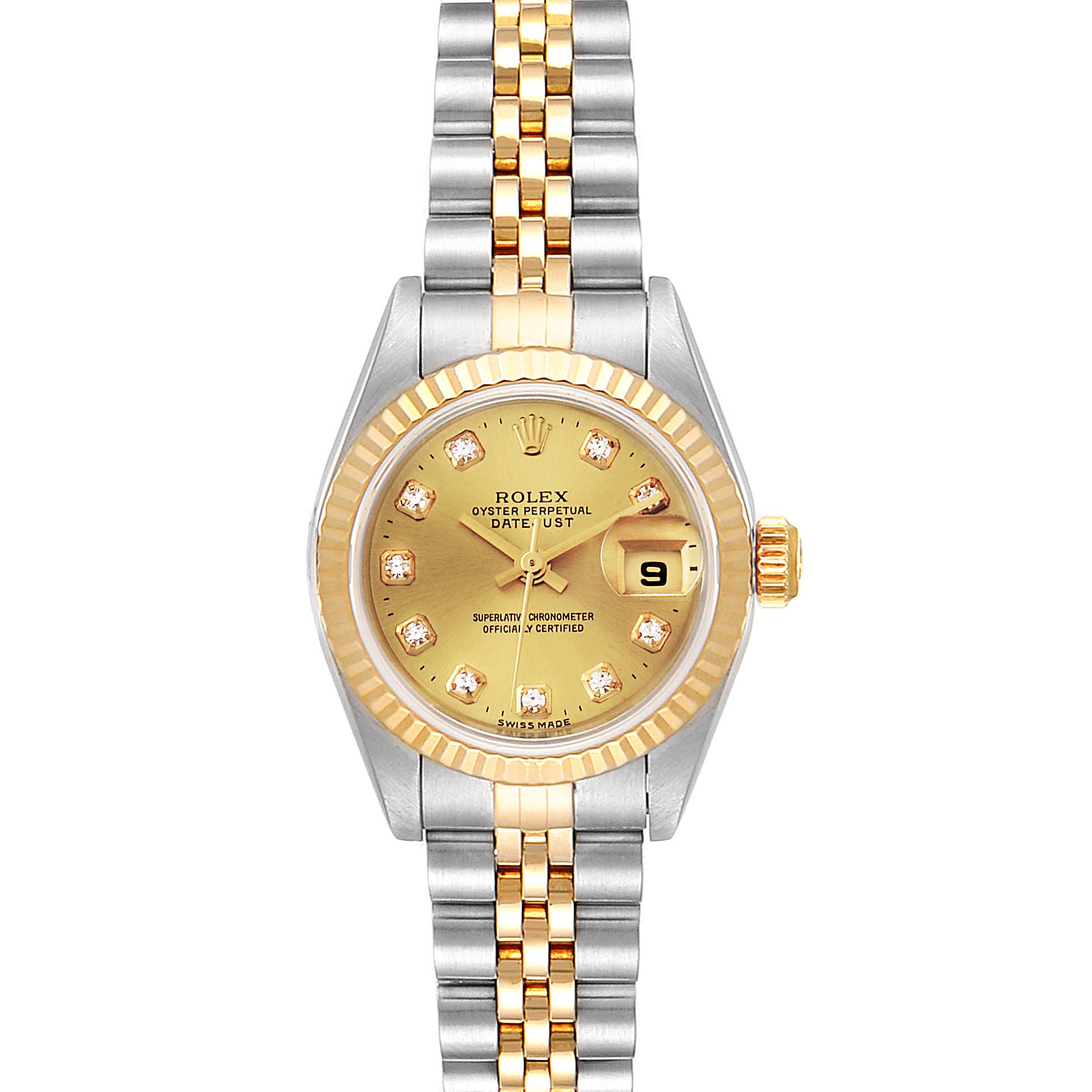 This image shows a front view of a Rolex Datejust 79173 Women's Steel and Gold (two tone) Champagne Dial 79173 Women's Steel and Gold (two tone) Champagne Dial watch, highlighting the dial, fluted bezel, and jubilee bracelet.
