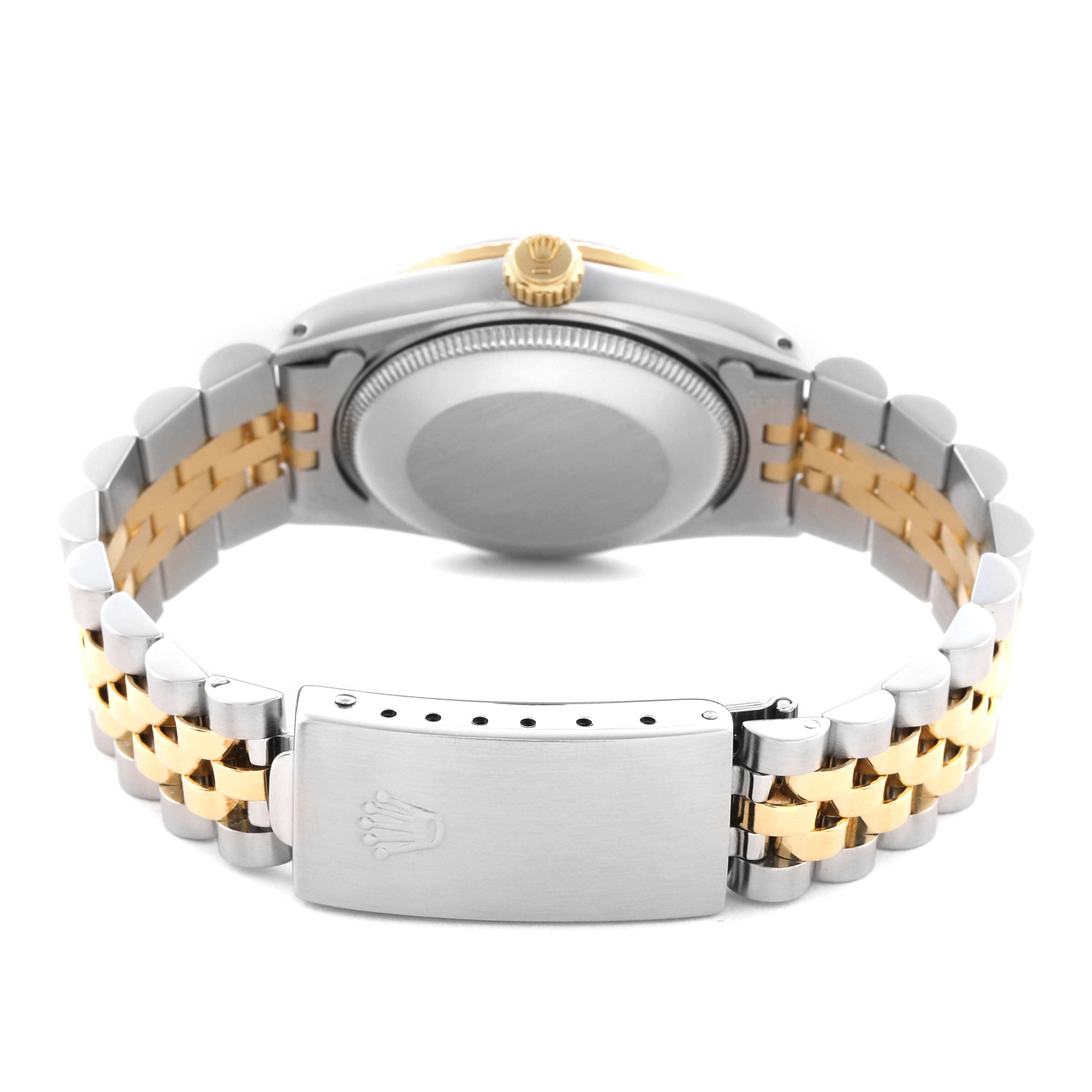The image shows the back and bracelet of a mid-size Rolex watch, highlighting the clasp and crown.