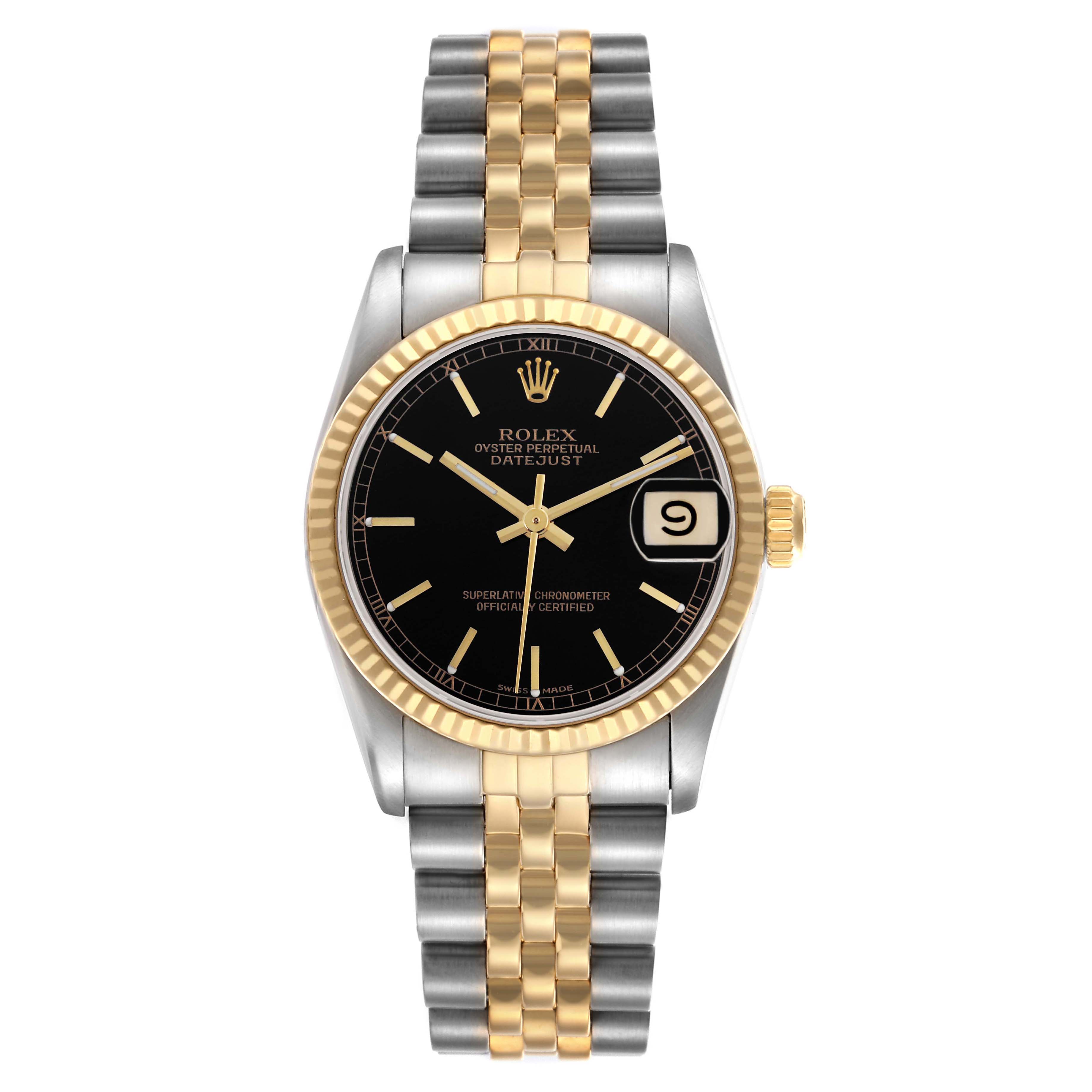 The Rolex Mid-Size 68273 Women
s Steel and Gold (two tone) Black Dial 68273 Women
s Steel and Gold (two tone) Black Dial model is shown from a top-down angle, highlighting the black dial, fluted bezel, and two-tone bracelet.