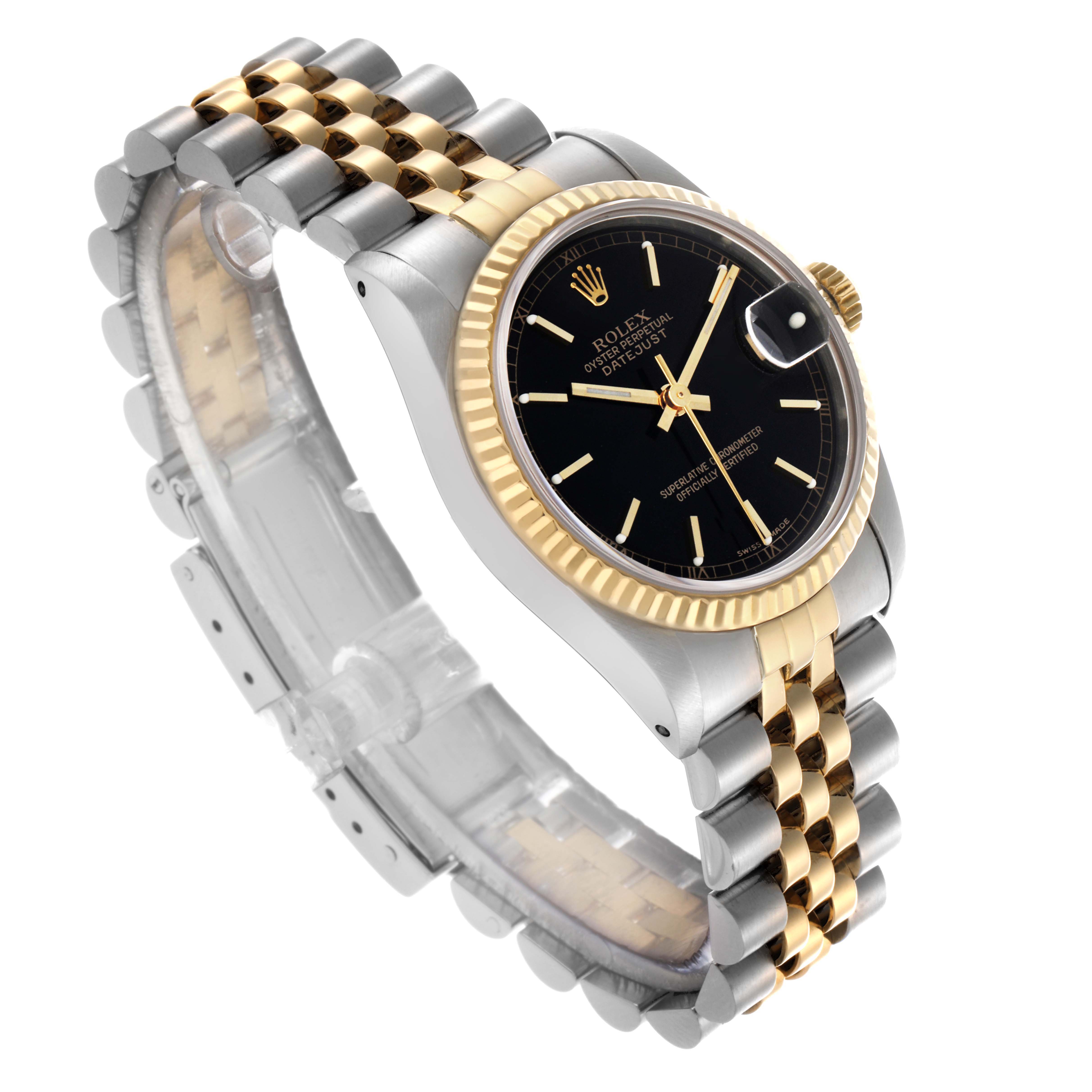 The image shows a Rolex Mid-Size 68273 Women
s Steel and Gold (two tone) Black Dial 68273 Women
s Steel and Gold (two tone) Black Dial watch at a three-quarter angle, highlighting the black dial, gold bezel, and two-tone bracelet.