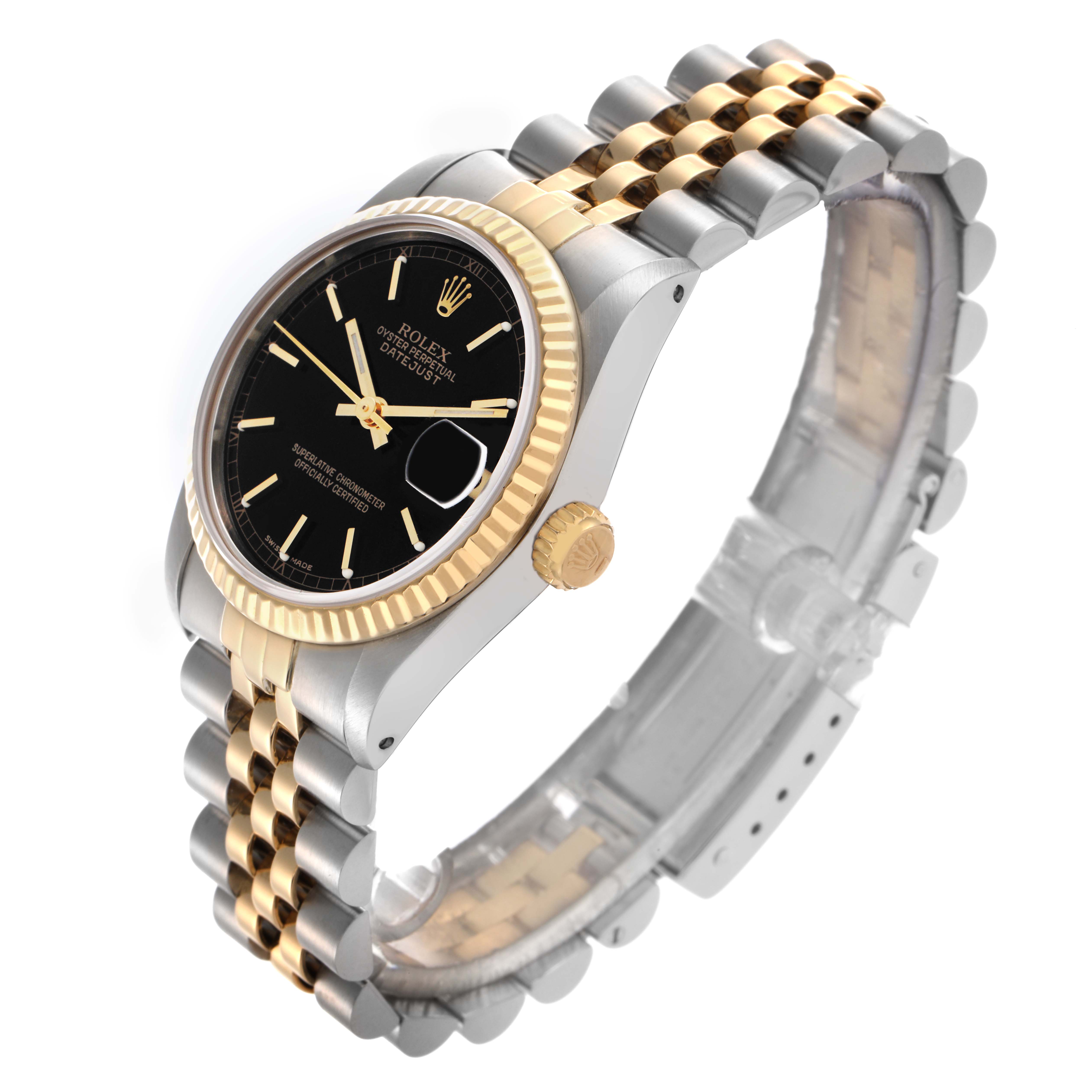 The Rolex Mid-Size 68273 Women
s Steel and Gold (two tone) Black Dial 68273 Women
s Steel and Gold (two tone) Black Dial watch is shown at a three-quarter angle, highlighting its black dial, gold bezel, and two-tone bracelet.