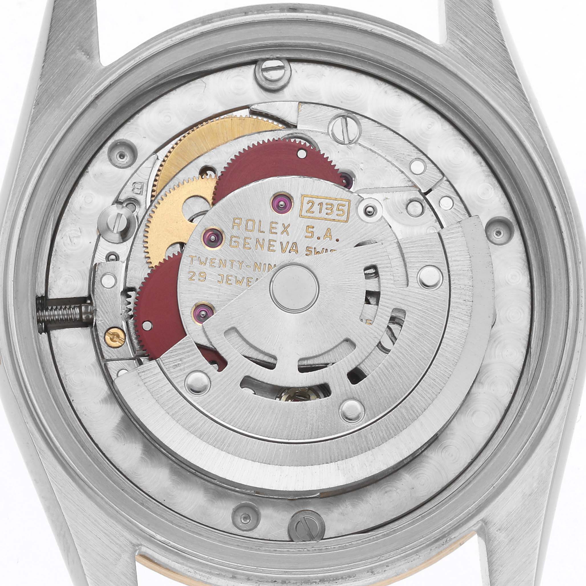 The image shows the movement and internal mechanism of a Rolex Mid-Size 68273 Women
s Steel and Gold (two tone) Black Dial 68273 Women
s Steel and Gold (two tone) Black Dial model from a back view angle.