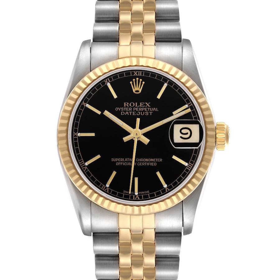 The Rolex Mid-Size Datejust watch is shown from a front angle, displaying the dial, bezel, and bracelet.