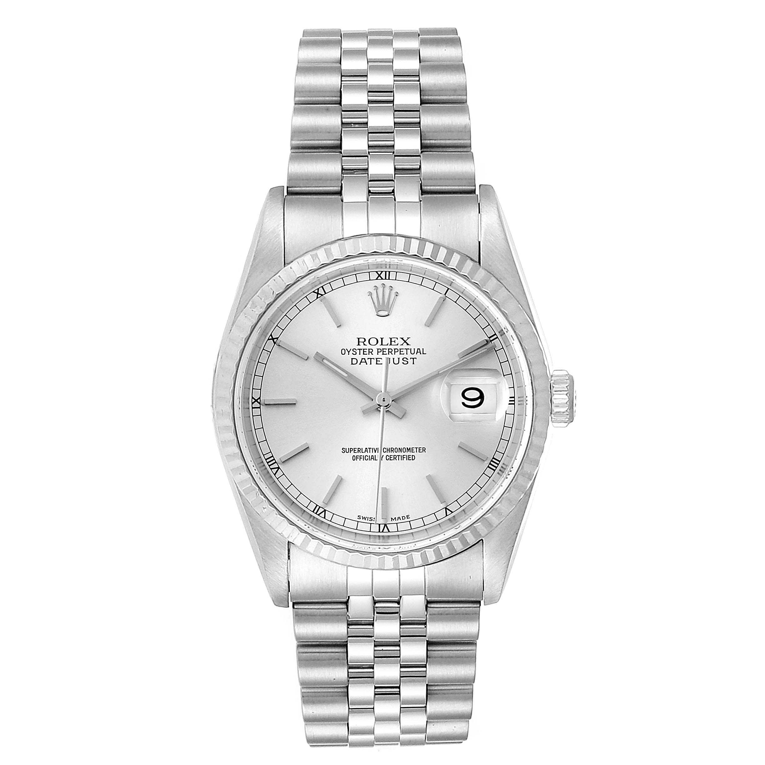 The image shows a frontal view of a Rolex Datejust 16234 Men's Stainless Steel Silver Dial 16234 Men's Stainless Steel Silver Dial watch, displaying the face, bezel, bracelet, and crown.
