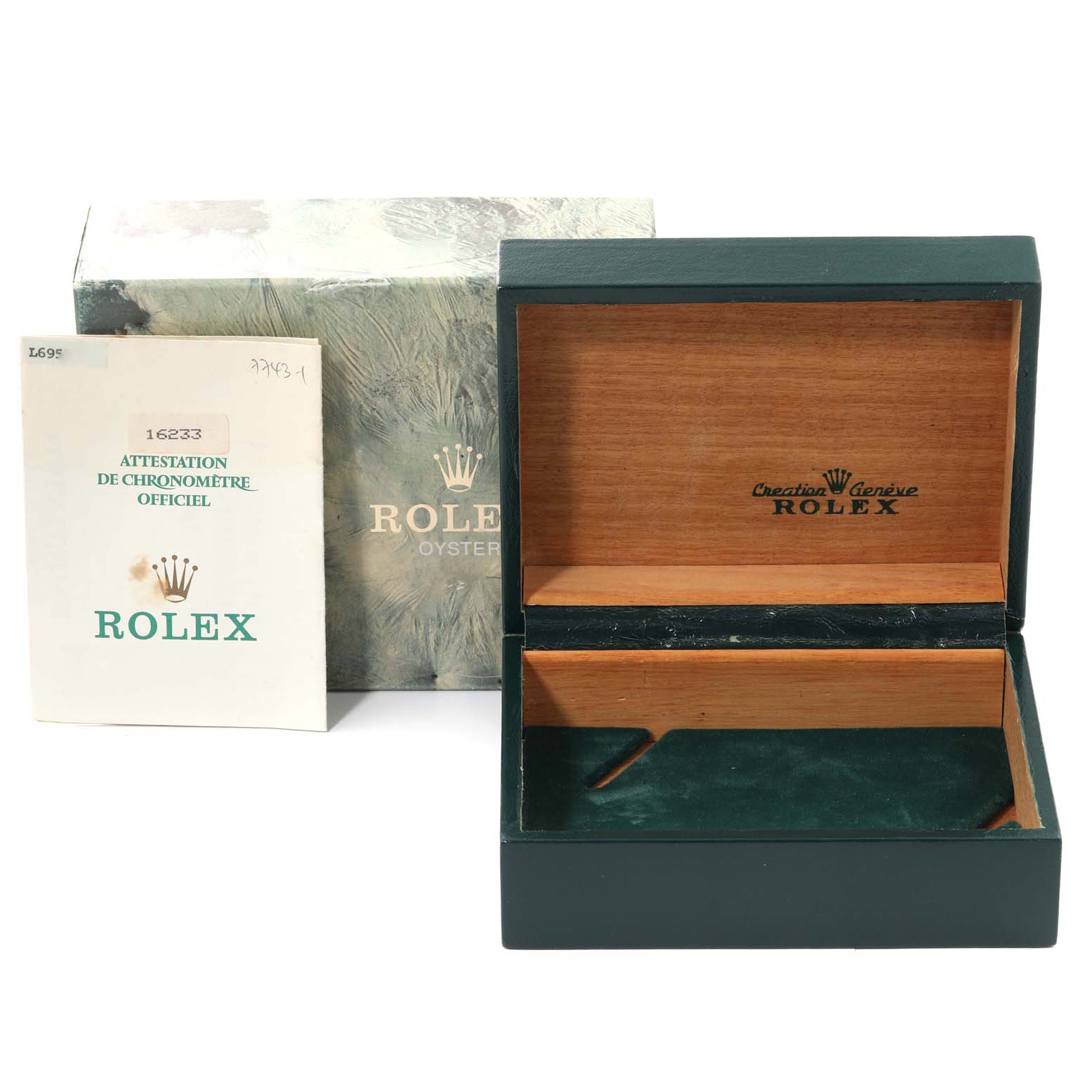 The image shows an open green Rolex box, an outer box, and certification papers for the Datejust model by Rolex.
