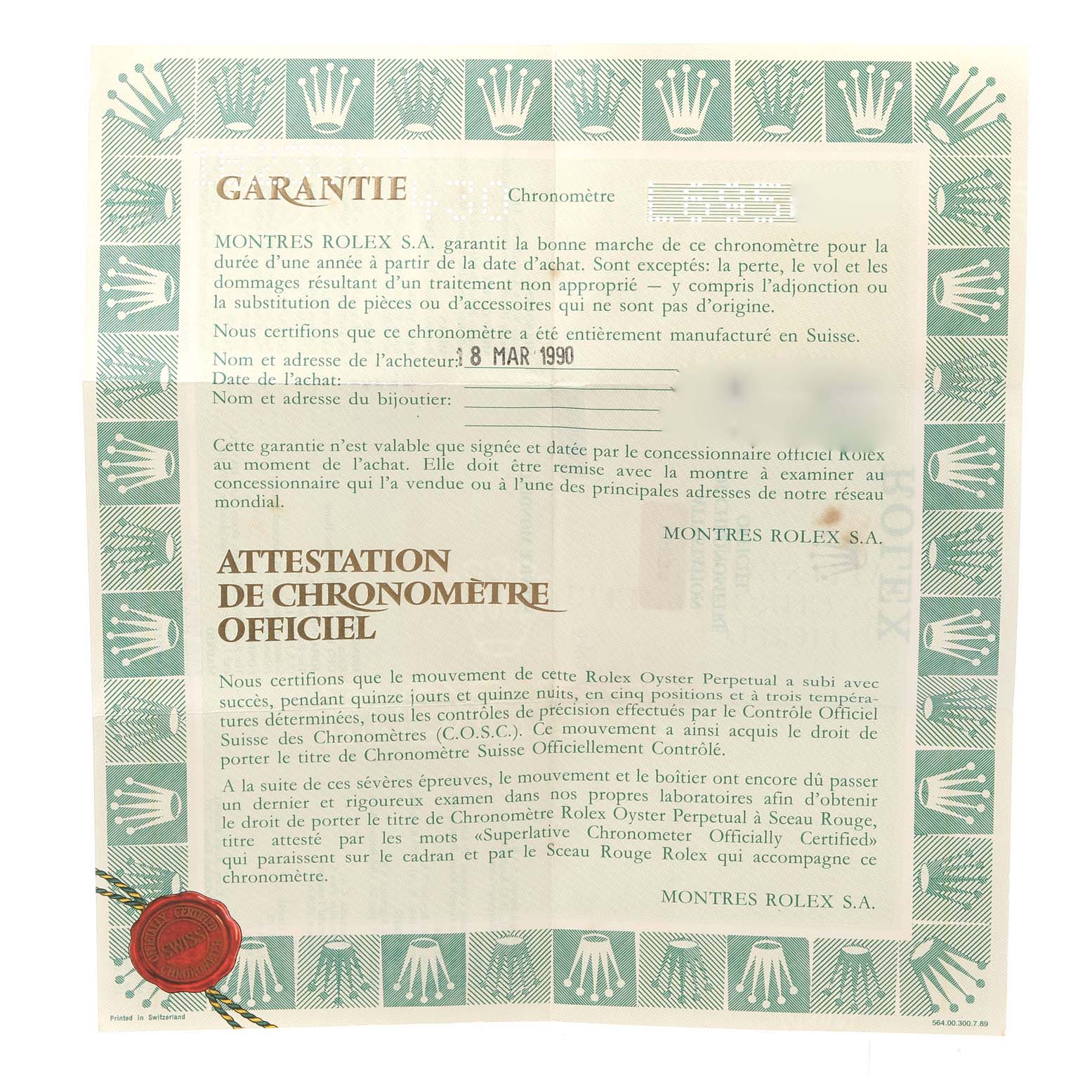 This is a certificate, angled flat, showing the official warranty and chronometer certification for the Rolex Datejust 16233 Men's Steel and Gold (two tone) Champagne Dial 16233 Men's Steel and Gold (two tone) Champagne Dial watch.