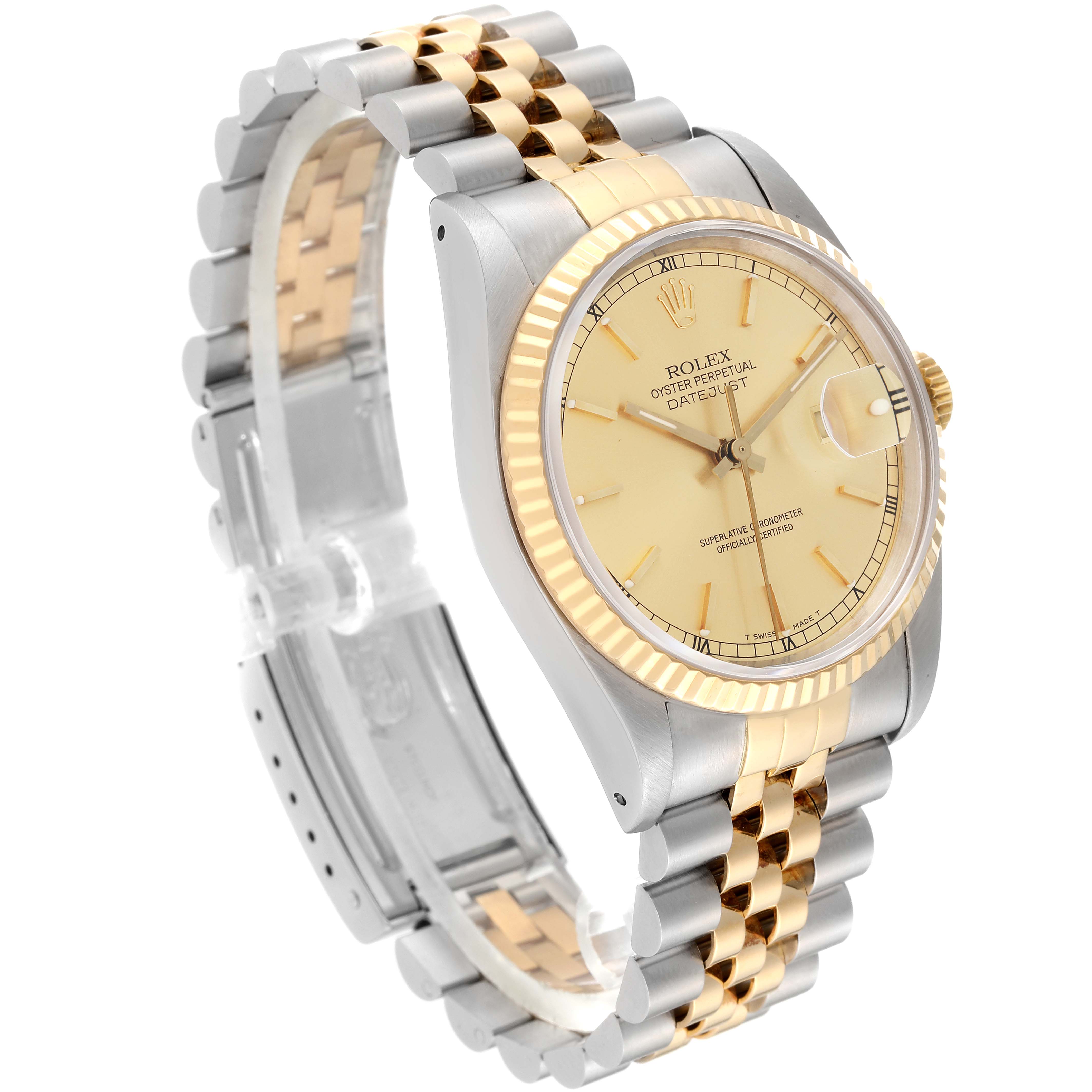 This image shows the Rolex Datejust 16233 Men's Steel and Gold (two tone) Champagne Dial 16233 Men's Steel and Gold (two tone) Champagne Dial watch at a three-quarter angle, highlighting its dial, bezel, and two-tone bracelet.