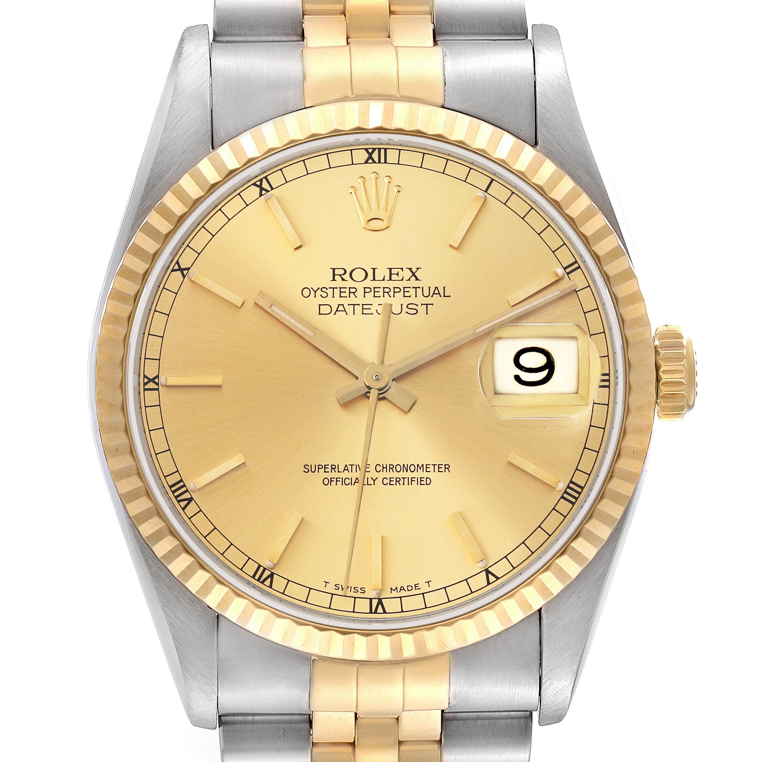 The image shows a frontal view of a Rolex Datejust 16233 Men's Steel and Gold (two tone) Champagne Dial 16233 Men's Steel and Gold (two tone) Champagne Dial watch, highlighting its dial, bezel, hands, and part of the bracelet.