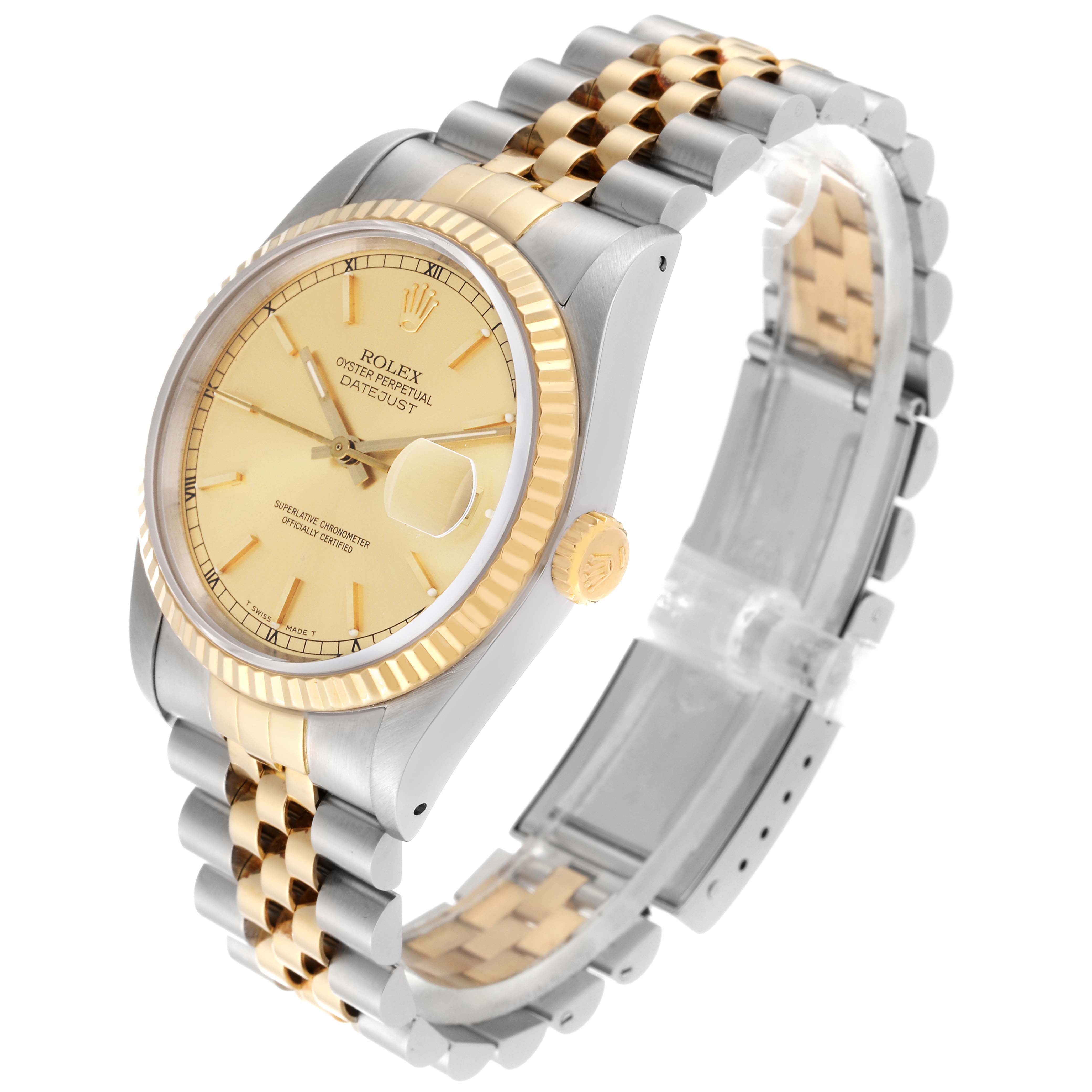 This image shows a Rolex Datejust 16233 Men's Steel and Gold (two tone) Champagne Dial 16233 Men's Steel and Gold (two tone) Champagne Dial model watch at an oblique angle, displaying the face, bezel, crown, and bracelet.