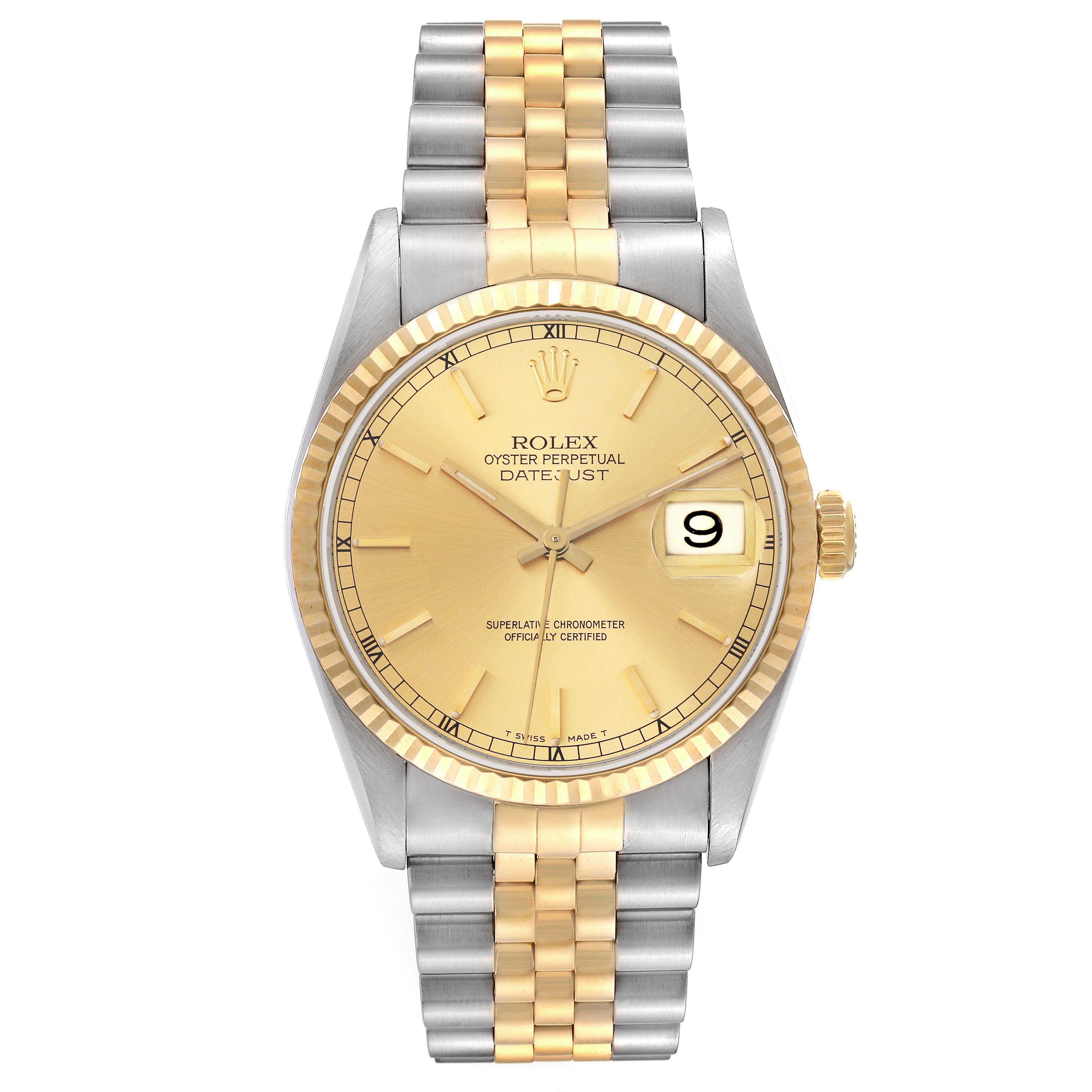 This is a front view of the Rolex Datejust 16233 Men's Steel and Gold (two tone) Champagne Dial 16233 Men's Steel and Gold (two tone) Champagne Dial watch, featuring a gold dial, fluted bezel, and two-tone jubilee bracelet.