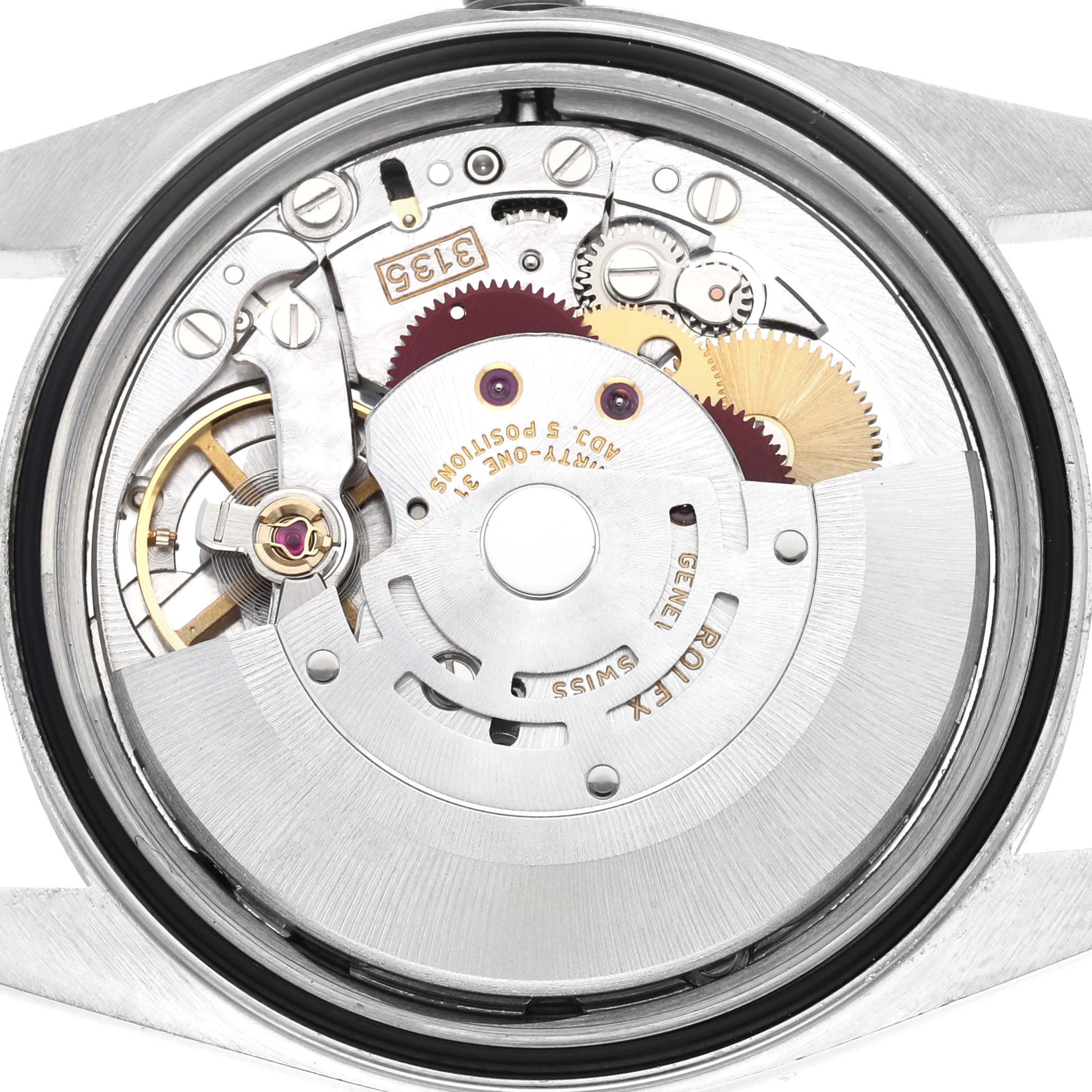 The image shows the internal mechanism of a Rolex Datejust 16233 Men's Steel and Gold (two tone) Champagne Dial 16233 Men's Steel and Gold (two tone) Champagne Dial model watch from an overhead angle.