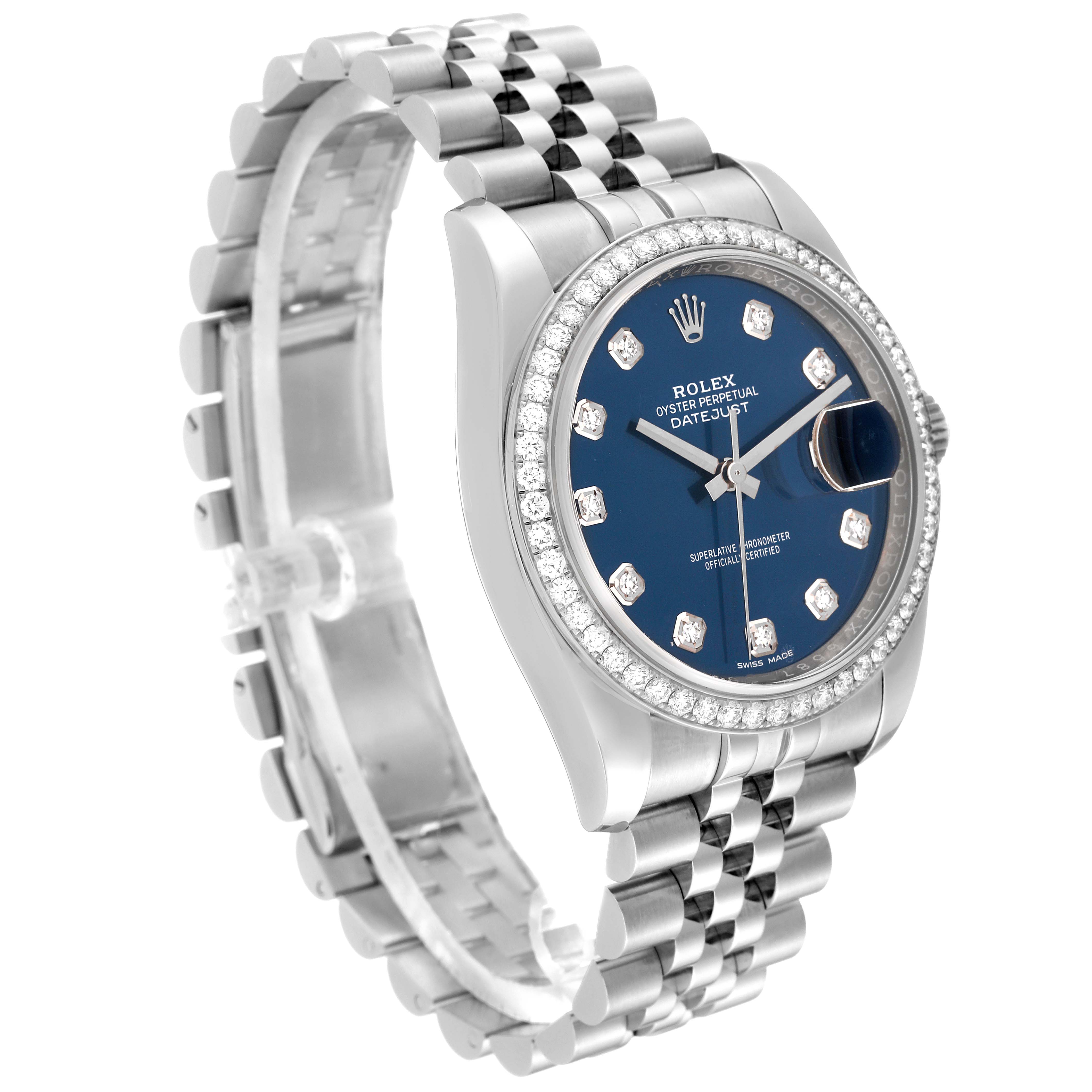 This image shows a Rolex Datejust 116244 Men's Stainless Steel Blue Dial 116244 Men's Stainless Steel Blue Dial watch from an angled side view, displaying the face, bezel, and bracelet.