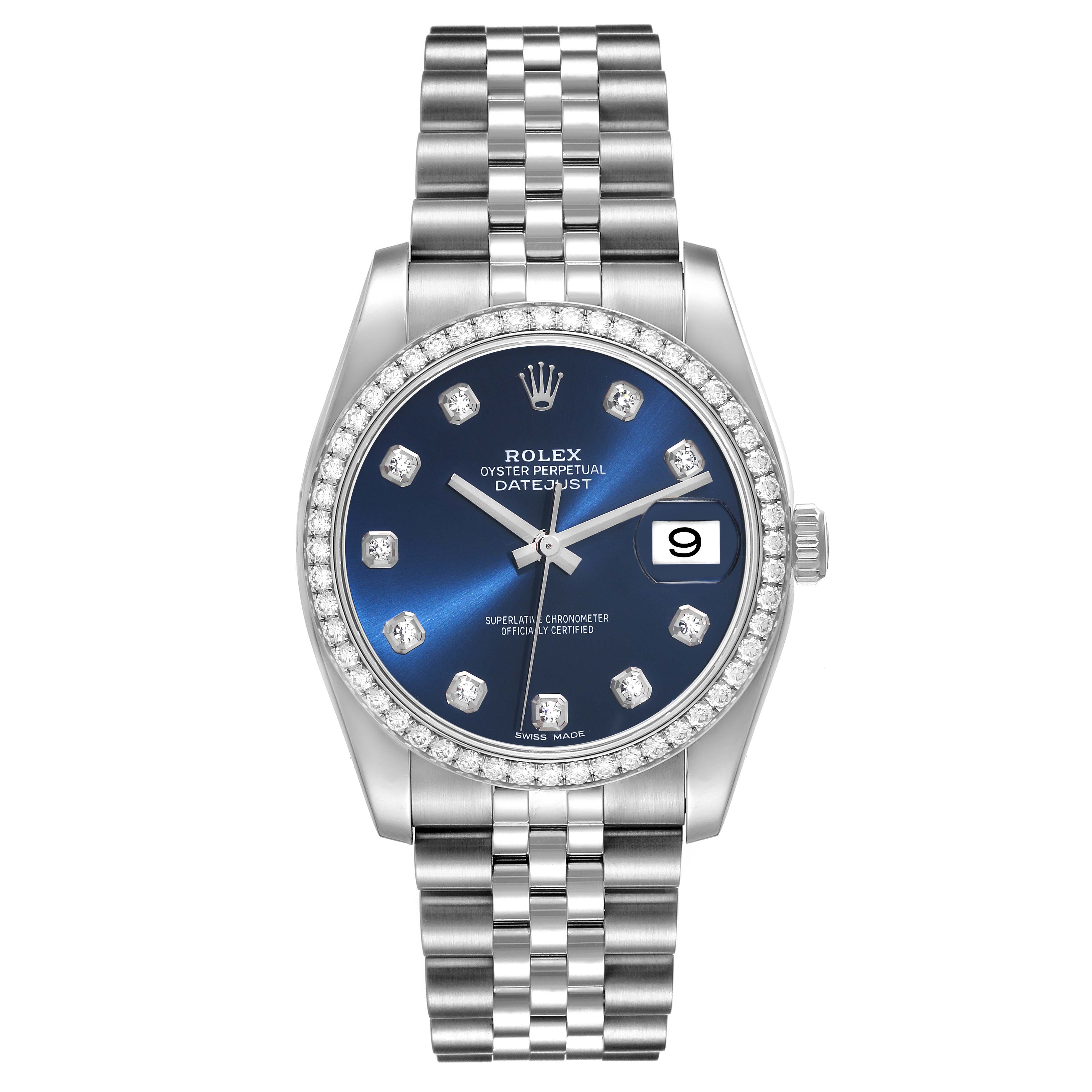 The image shows a frontal view of the Rolex Datejust 116244 Men's Stainless Steel Blue Dial 116244 Men's Stainless Steel Blue Dial watch, highlighting its dial, bezel, and bracelet.