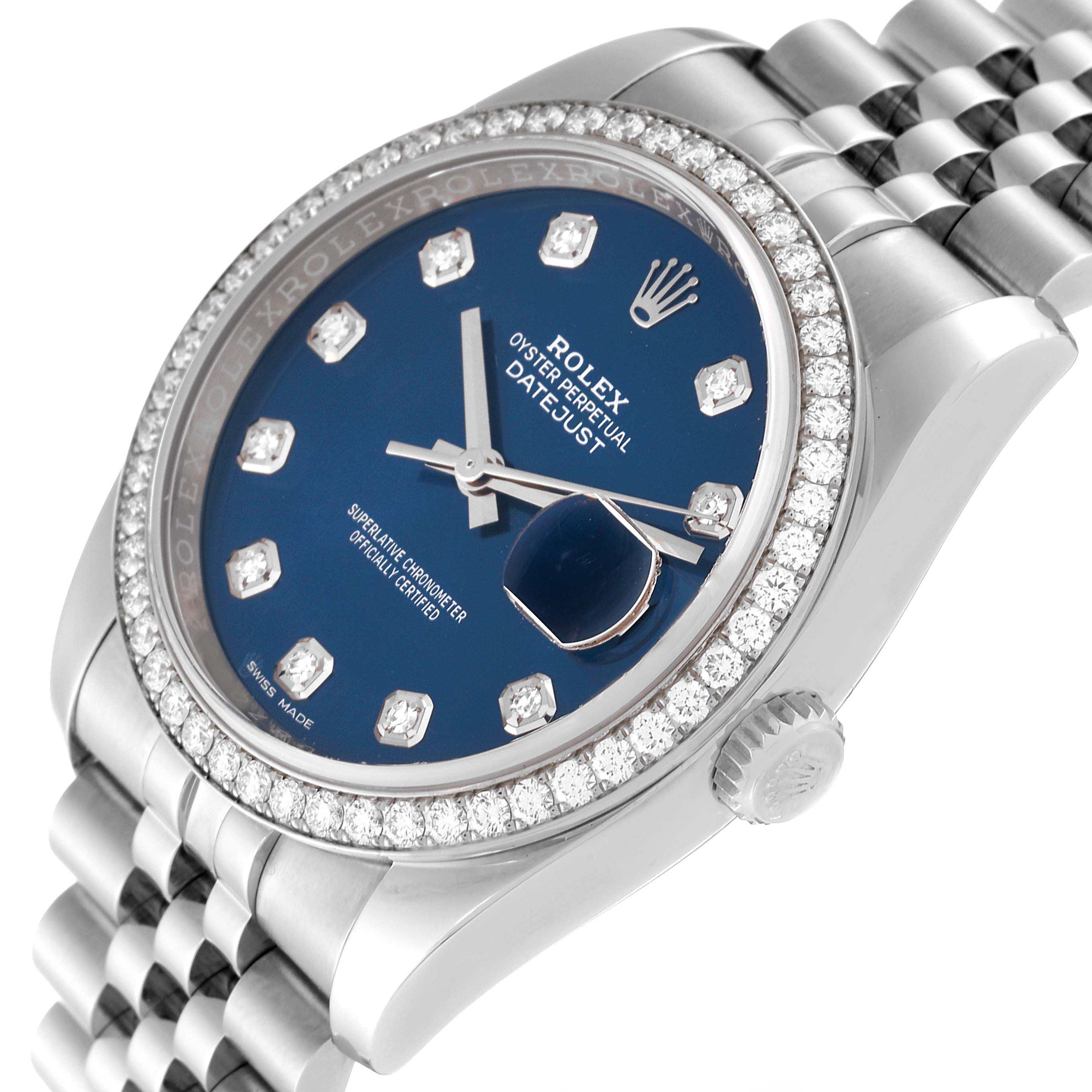 This Rolex Datejust 116244 Men's Stainless Steel Blue Dial 116244 Men's Stainless Steel Blue Dial watch is shown at an angled close-up, highlighting the face, bezel, and part of the bracelet.