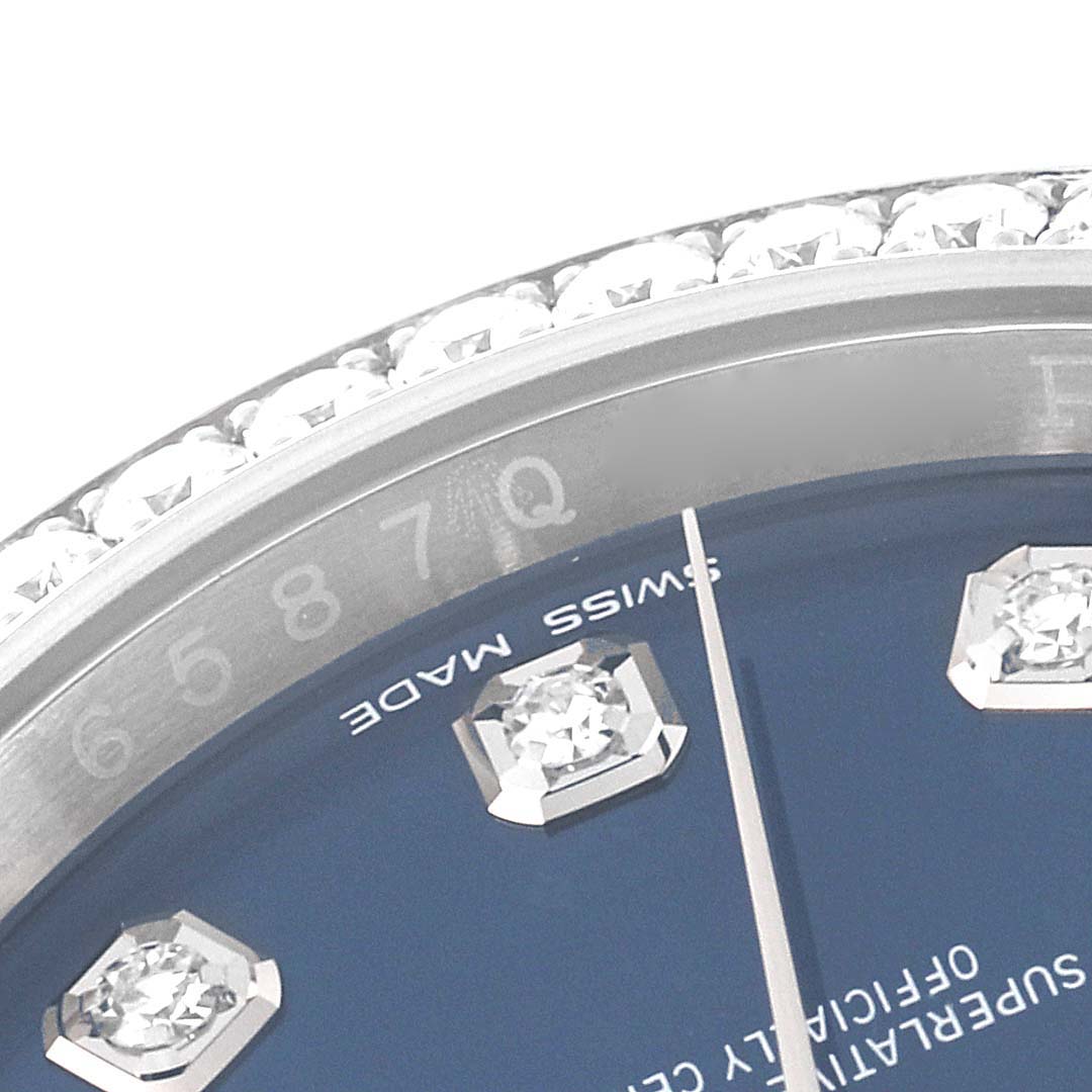The image shows a close-up of the dial and diamond bezel of a Rolex Datejust 116244 Men's Stainless Steel Blue Dial 116244 Men's Stainless Steel Blue Dial watch.