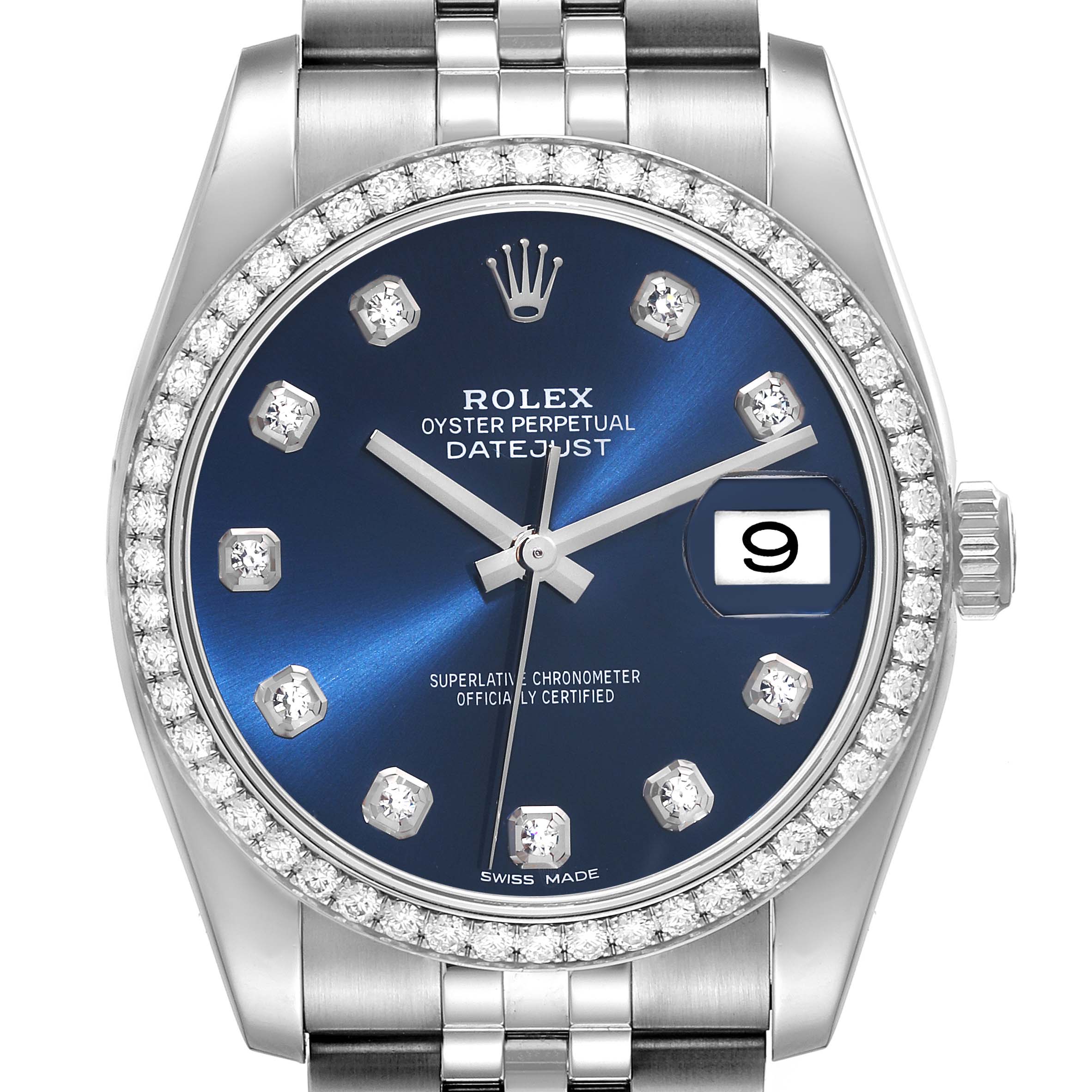 The image shows a front view of a Rolex Datejust 116244 Men's Stainless Steel Blue Dial 116244 Men's Stainless Steel Blue Dial watch with a blue dial, diamond hour markers, and a date window at 3 o'clock.