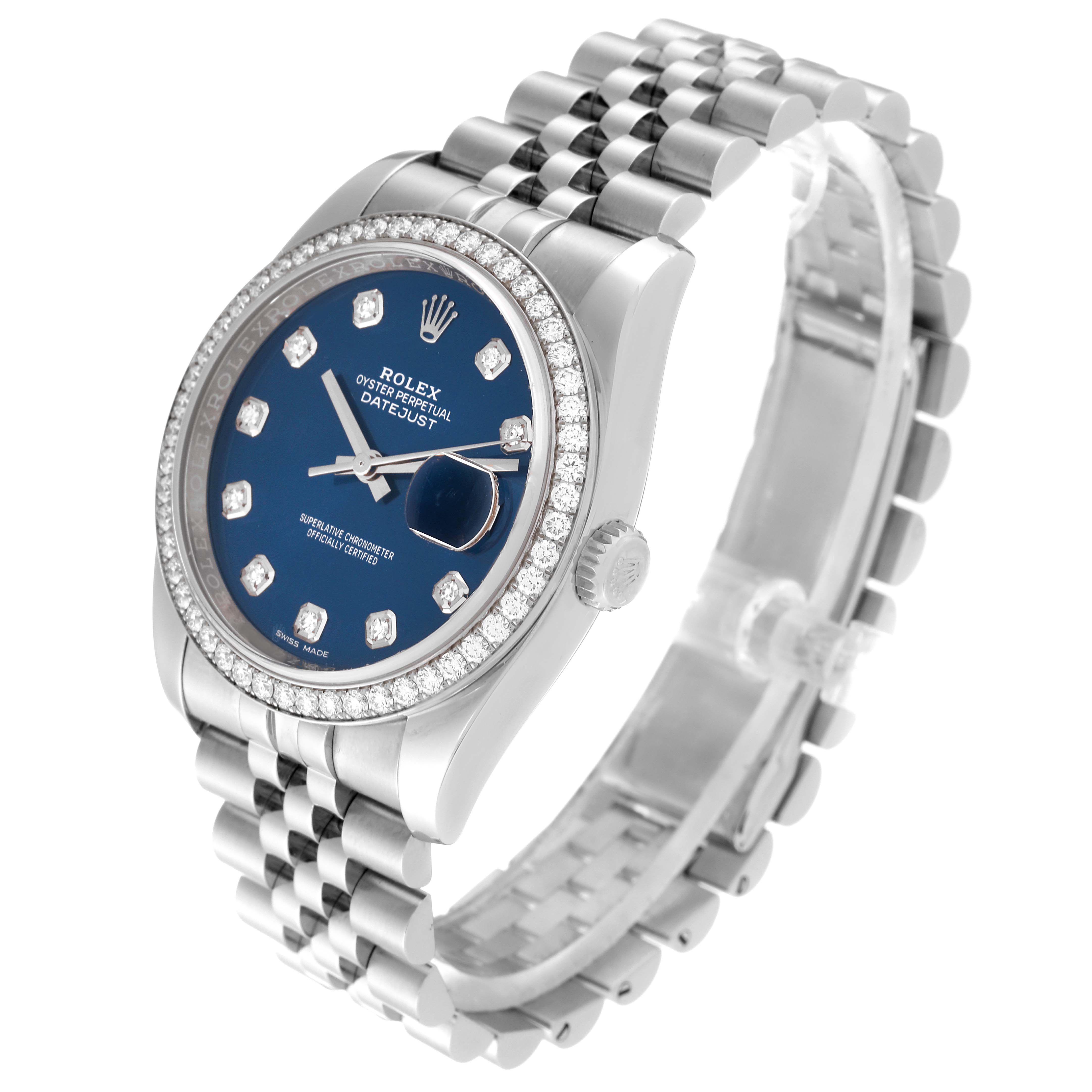 The Rolex Datejust 116244 Men's Stainless Steel Blue Dial 116244 Men's Stainless Steel Blue Dial watch is shown at a three-quarter angle, displaying the face, bezel, crown, and part of the bracelet.